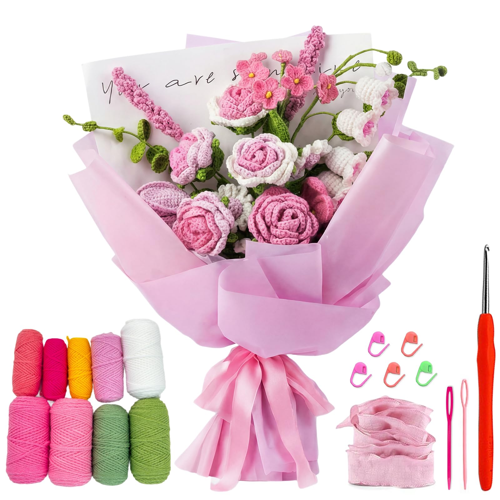 Crochet Kit for Beginners Adults, Crochet Flowers Kits for Starters, Knitted Rose Bouquet Set with Step-by-Step Video Tutorials, Handmade Arts Crochet Flower Bouquet Birthday Gifts for Women Girls — image 1