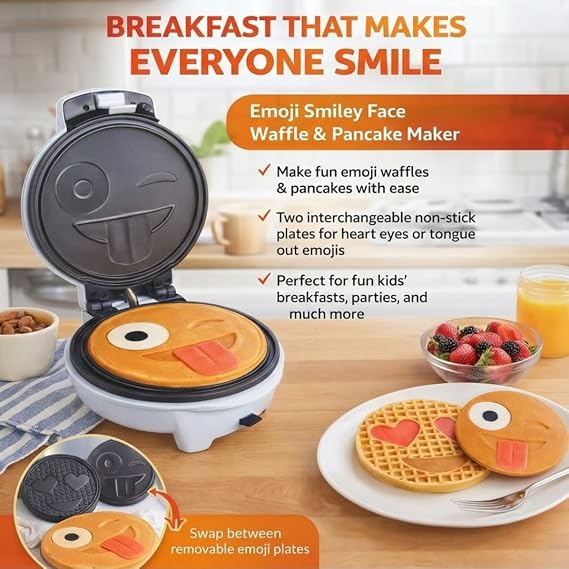 Emoji Smiley Face Waffle & Pancake Maker w 2 Removable Plate Sets