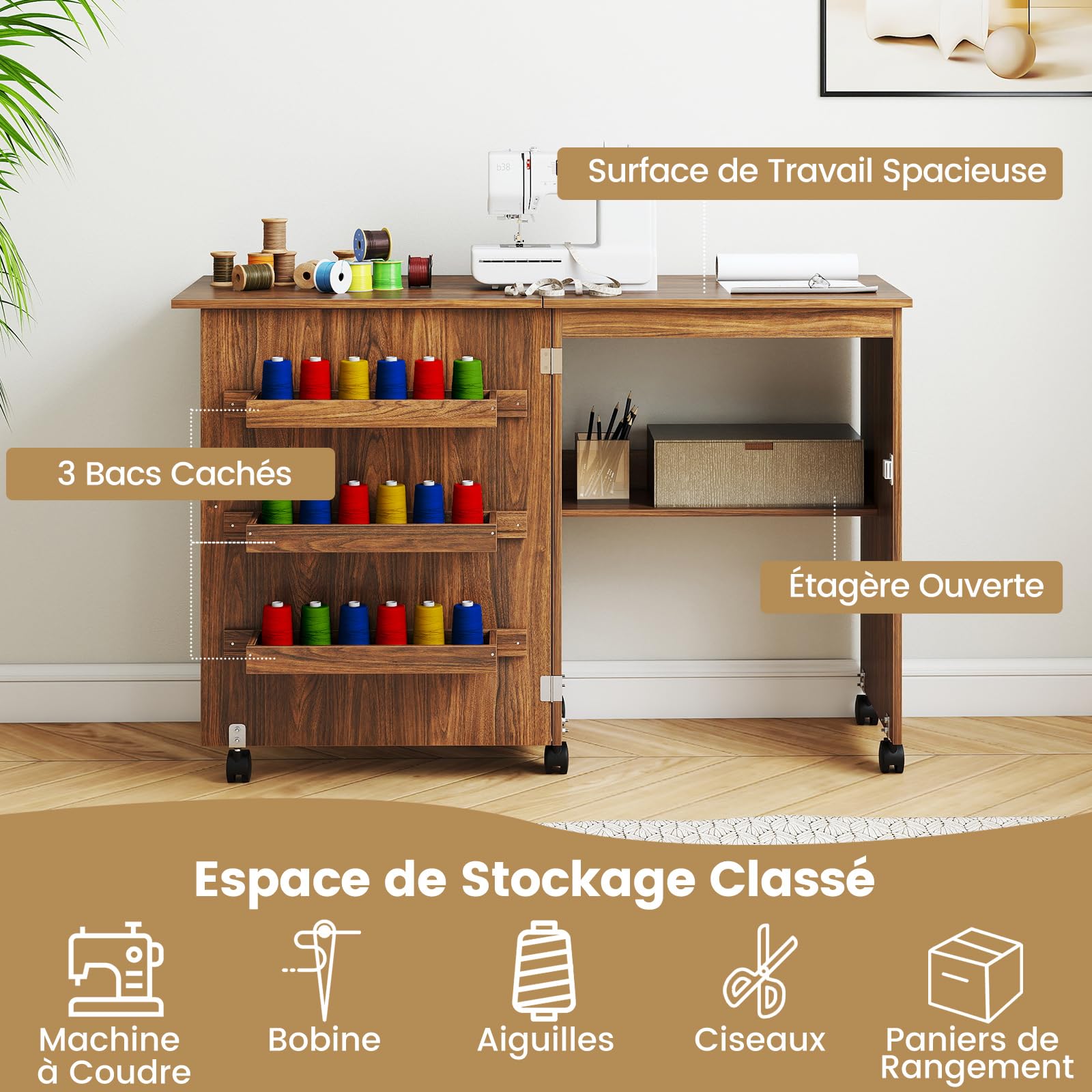 COSTWAY Armoire pour Machine à Coudre Pliante, Table de Couture avec 3 Etagères pour Bobines et roulettes verrouillables en Bois (Brun)