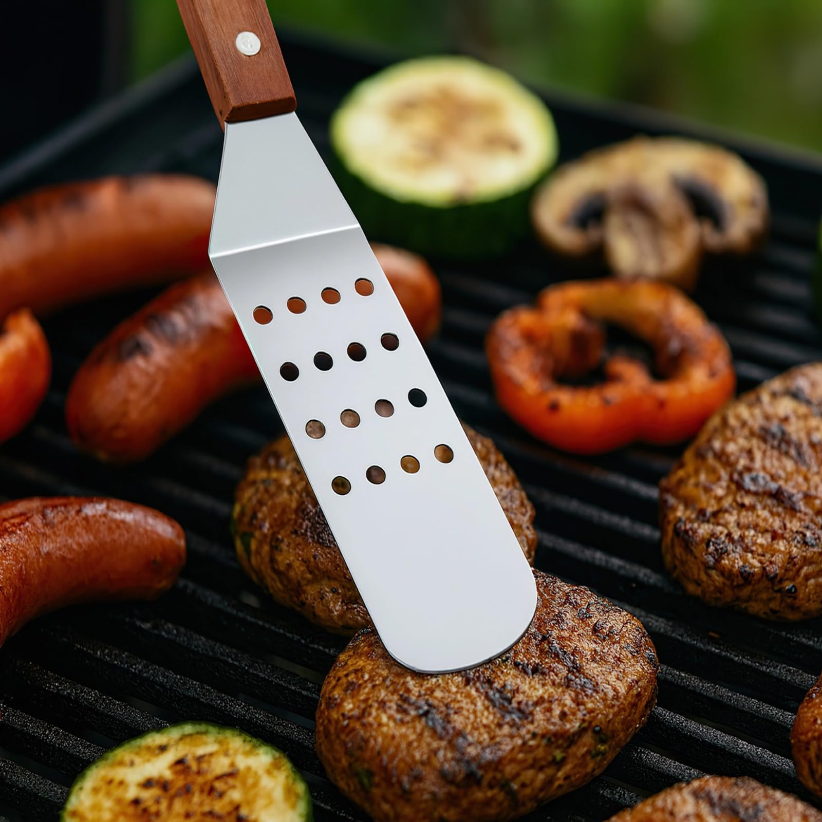 Edelstahl-Grill-Set, 6-teilig, Pfannenwender, Grillzubehör, Holzgriffe, abgeschrägte, breite Pfannenwender, Schlitz, inklusive Schaber, Braten, Grillen, strapazierfähig