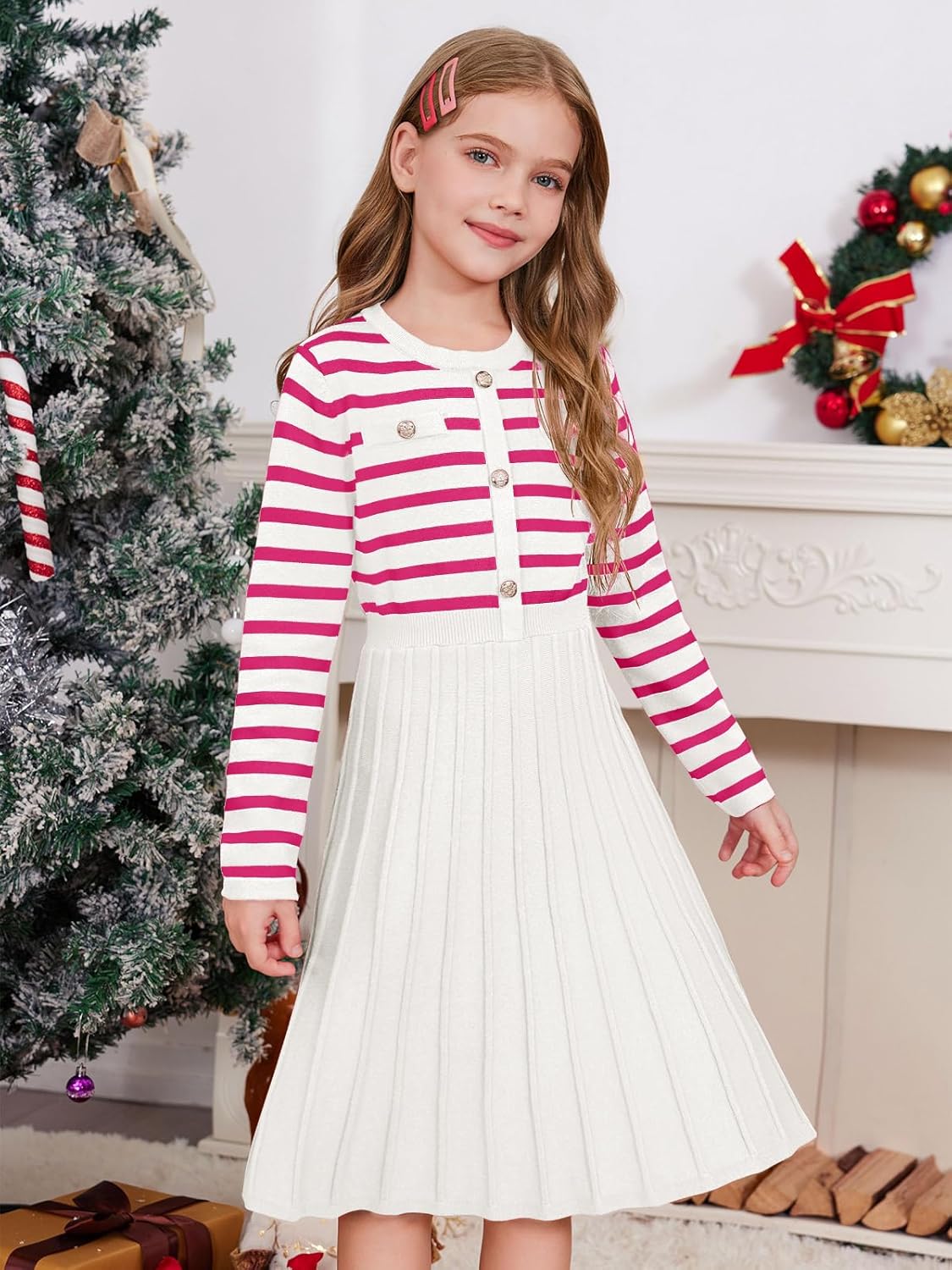 Haloumoning Girls Sweater Dress Knit Long Sleeve Striped A Line Pleated Fall Winter Dresses 5-14 Years - Image 4