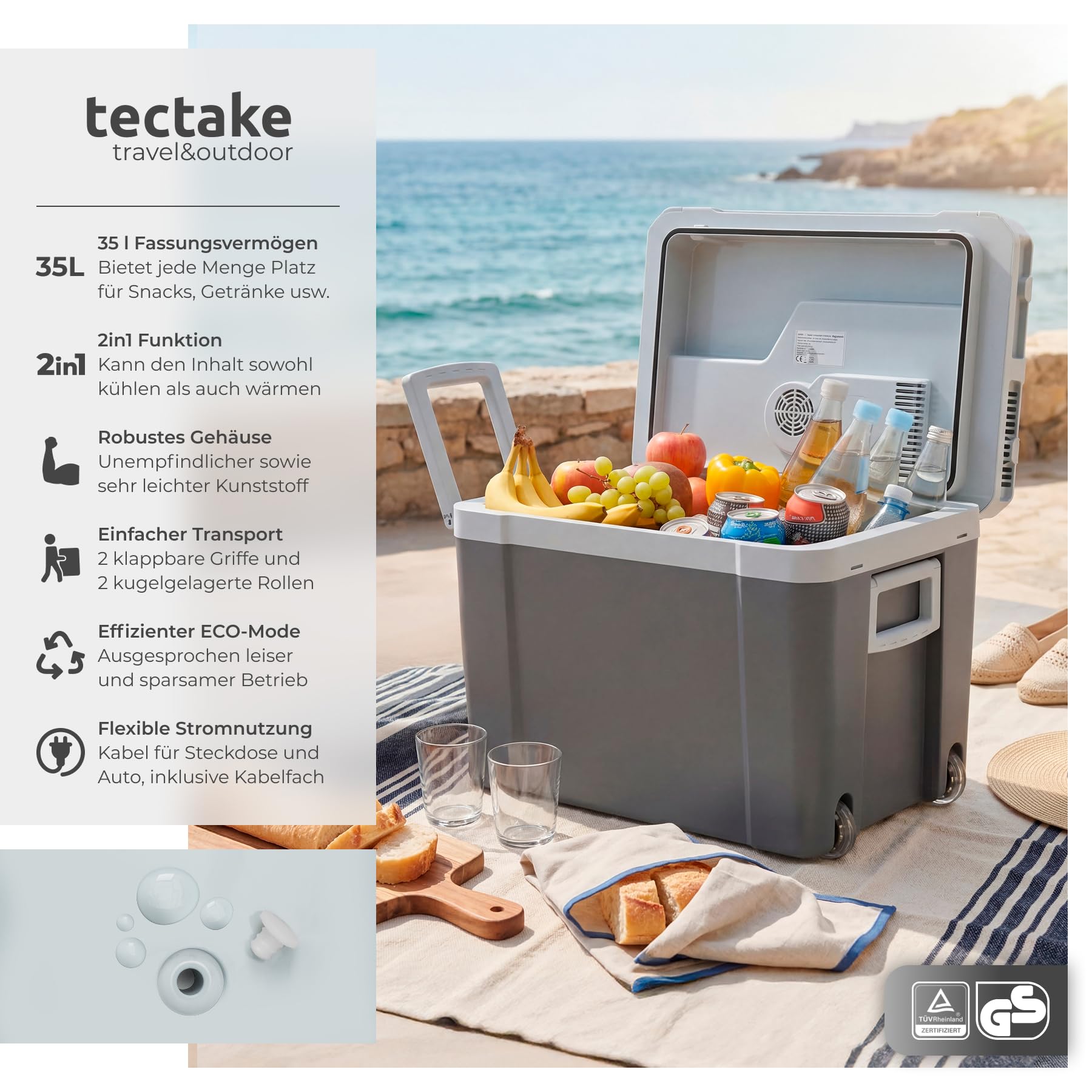 tectake® 2in1 elektrische Kühl- und Wärmebox, 35 l Fassungsvermögen, 52,5 x 35 x 40 cm, mit ECO-Modus, leise, 230 V und 12 V für Steckdosen- und Autoanschluss, für Camping, mit Griffen und Rollen