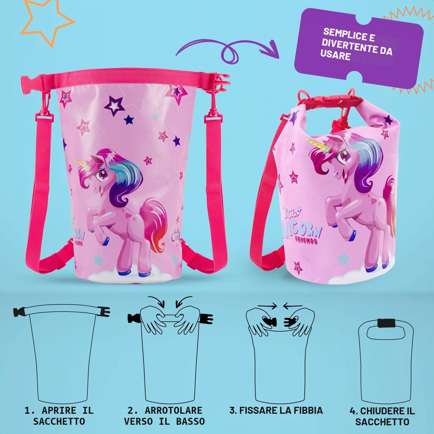 Sacca Impermeabile Mare da Bambina con Sirena Unicorno - Borsa Mare Spiaggia Rosa e Fucsia da Bimba - Zaino Kayak Nuoto Barca Snorkeling - Dry Bag Regolabile per Bambine - 25x18x18 cm