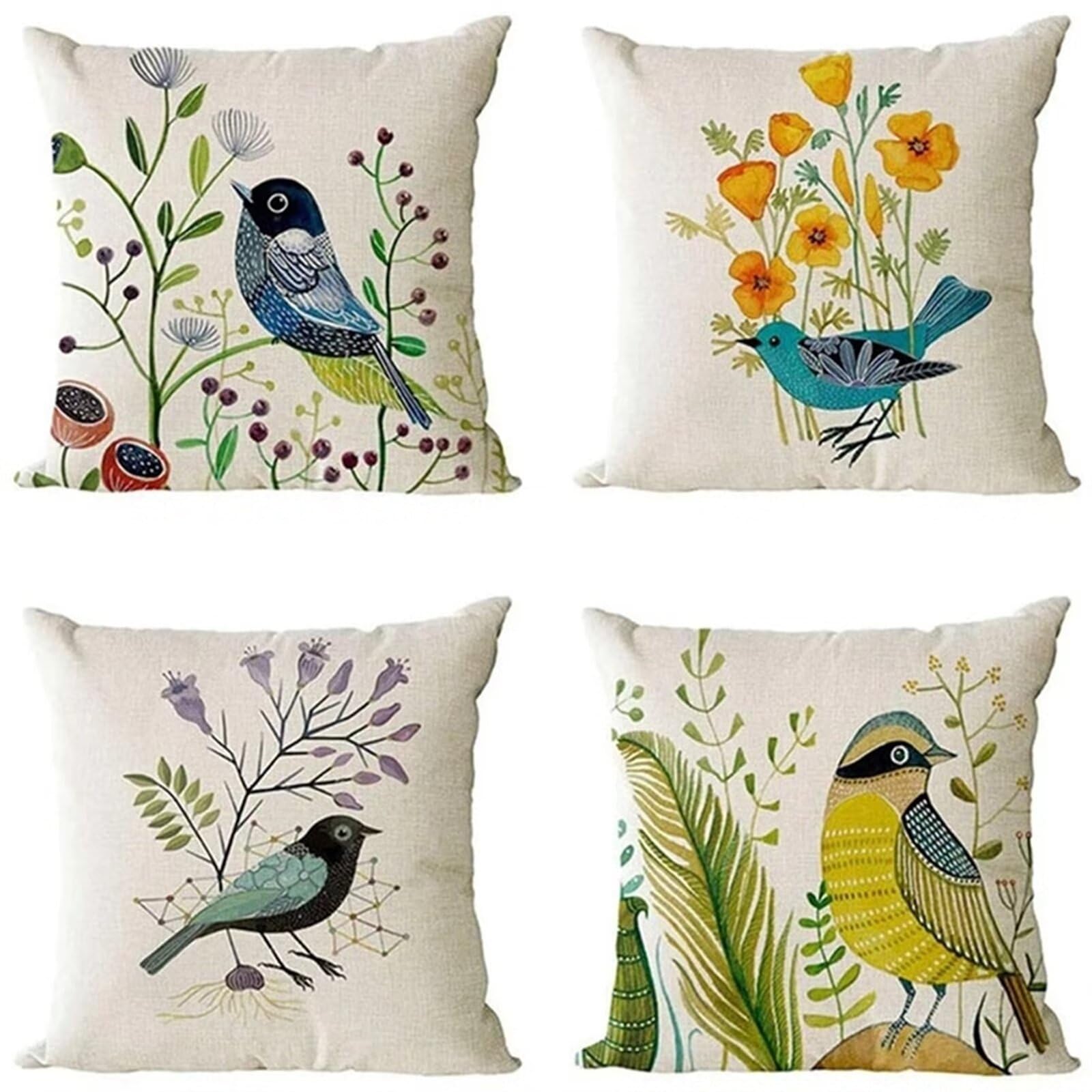 Juego de 4 Impermeable Funda de Cojín Pájaro de flores de primavera,65x65cm Moderno Suave Transpirables Lino Fundas de Almohada Cojines Decor con Cremallera Oculta para Exterior Sofá Cama Coche Hogar
