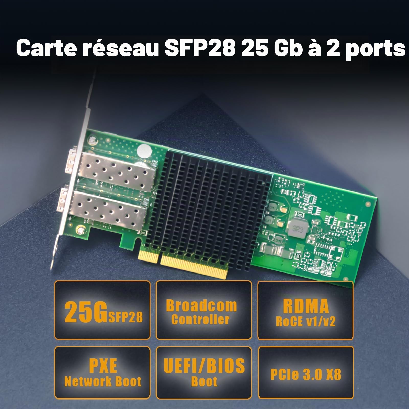 GLOTRENDS ST7443 Adaptateur réseau Serveur PCIe 3.0 x8 Double Port 25GbE SFP+, Puce Broadcom BCM57414, RDMA (RoCE), SR-IOV, pour Le Cloud et Le HPC