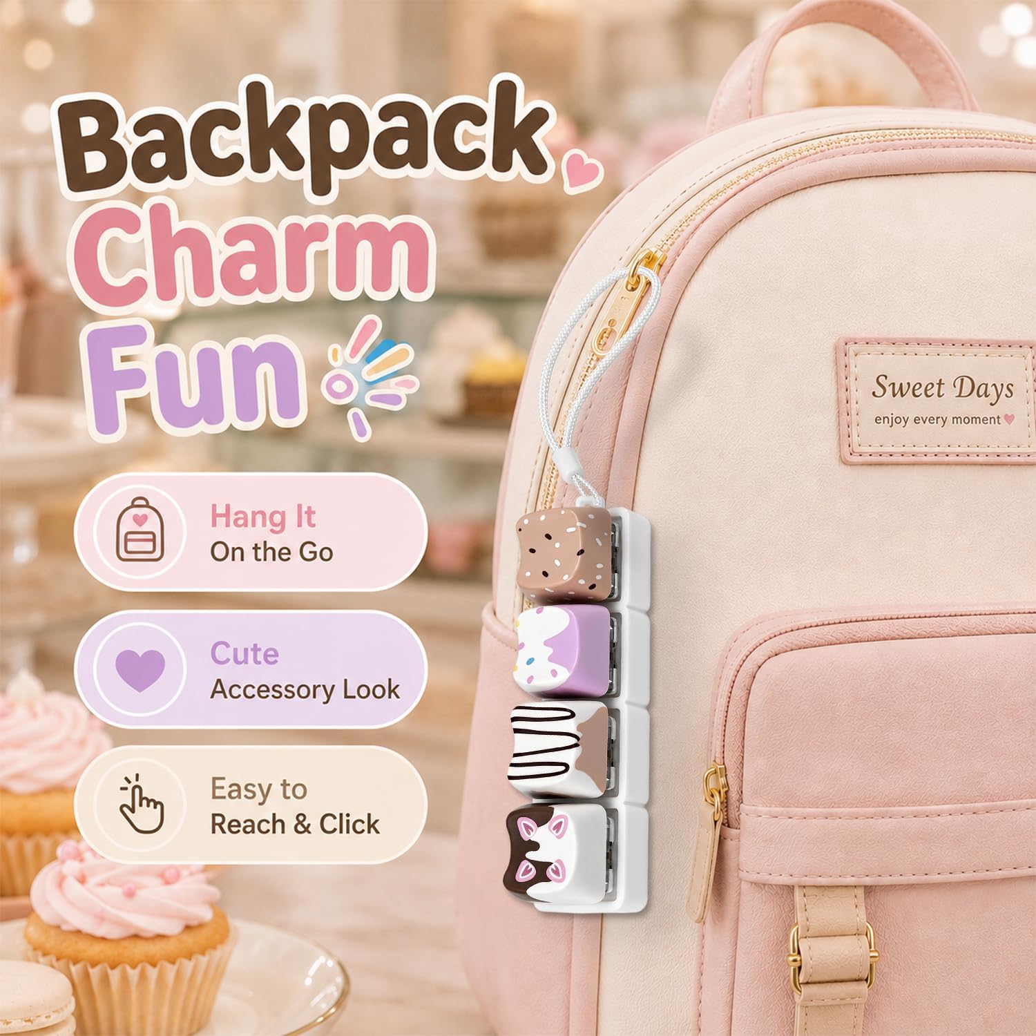 Dessert 4-Key Keyboard Fidget Clicker, Cute Mechanical Keychain with Sweet Treat Keycaps and Wrist Strap, Portable Clicker Toy, Bag Charm and Desk Accessory Gift image 3