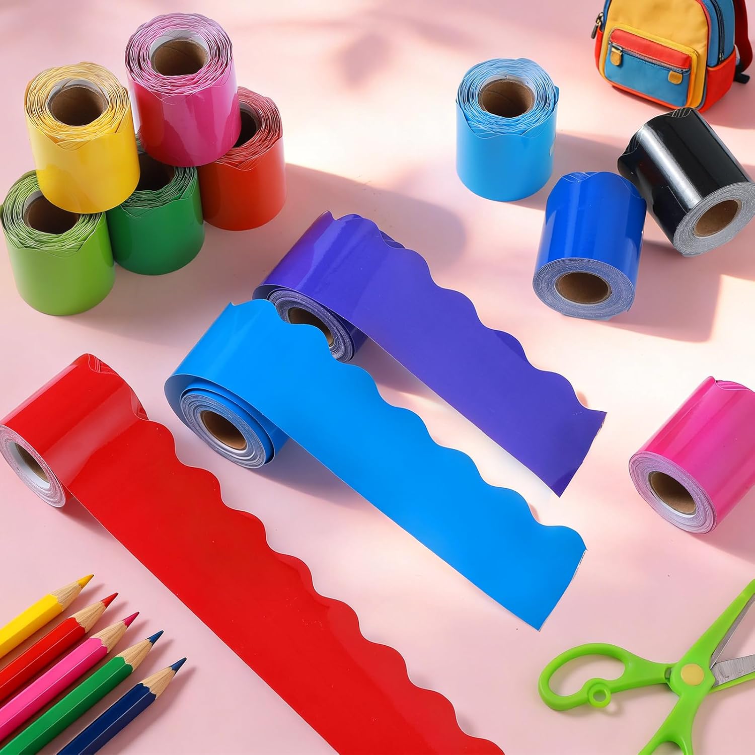 Wiooffen 12 Rolls 393ft Colorful Bulletin Board Borders Bright Scalloped Trim Bulletin Board Decoration Summer Colors Classroom Border for Classroom School Chalkboard Door Wall Decor (Bright Colors)
