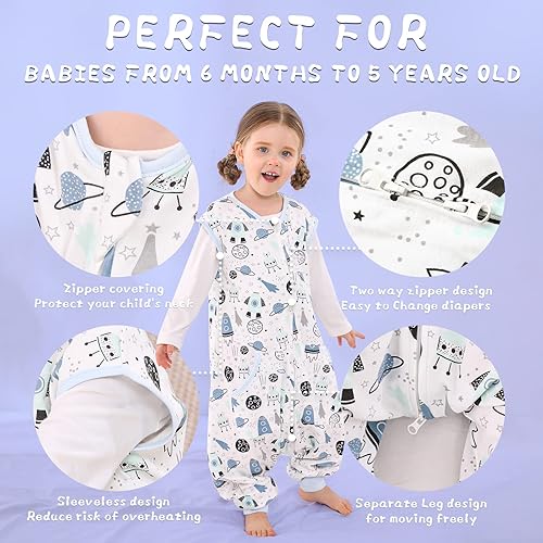 Miniatura 2 de WONDAY Saco de dormir para niños pequeños con pies, sacos de dormir de 0.5 tog para caminar con piernas 3-5T 4T 5T