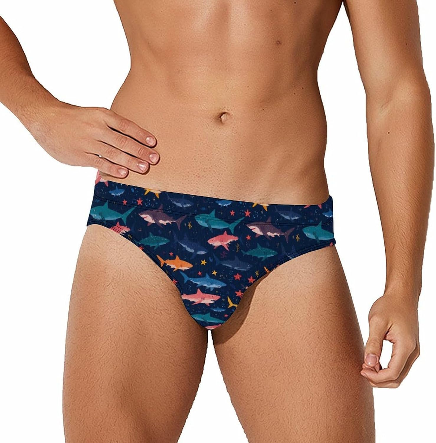 Shark Starfish Men's Swimsuit Brief Sexy Bikini Briefs Retro Printed Swimwear Quick Dry Swimming Trunks 3X-Large