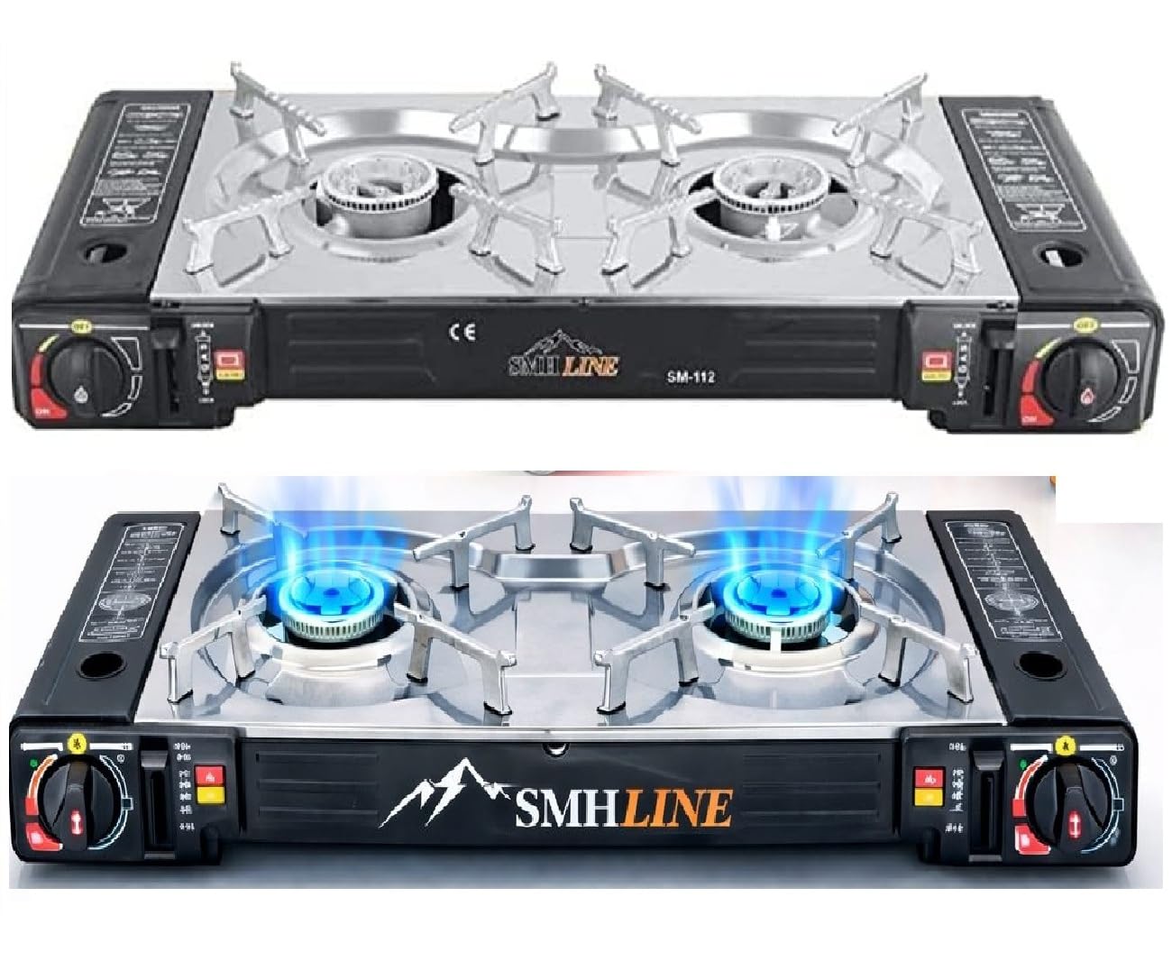 SMH LINE® Doppio fornello da campeggio a gas, set di cartucce a gas, 227 g, valigetta da campeggio, fornello da tavolo, per esterni, 2 fiamme, GPL