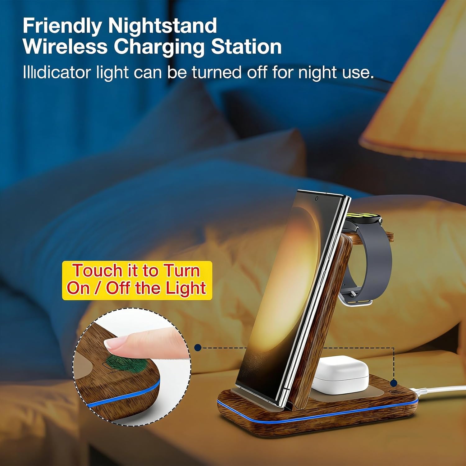 Wireless Charger for Samsung/Android, HOLYJOY Foldable 3 in 1 Fast Charging Station/Stand/Multi Charger for Samsung S25 Ultra/S24/Note 20, Travel Pad for Galaxy Watch 8/7/6/5/Active 2, for Buds(Wood)
