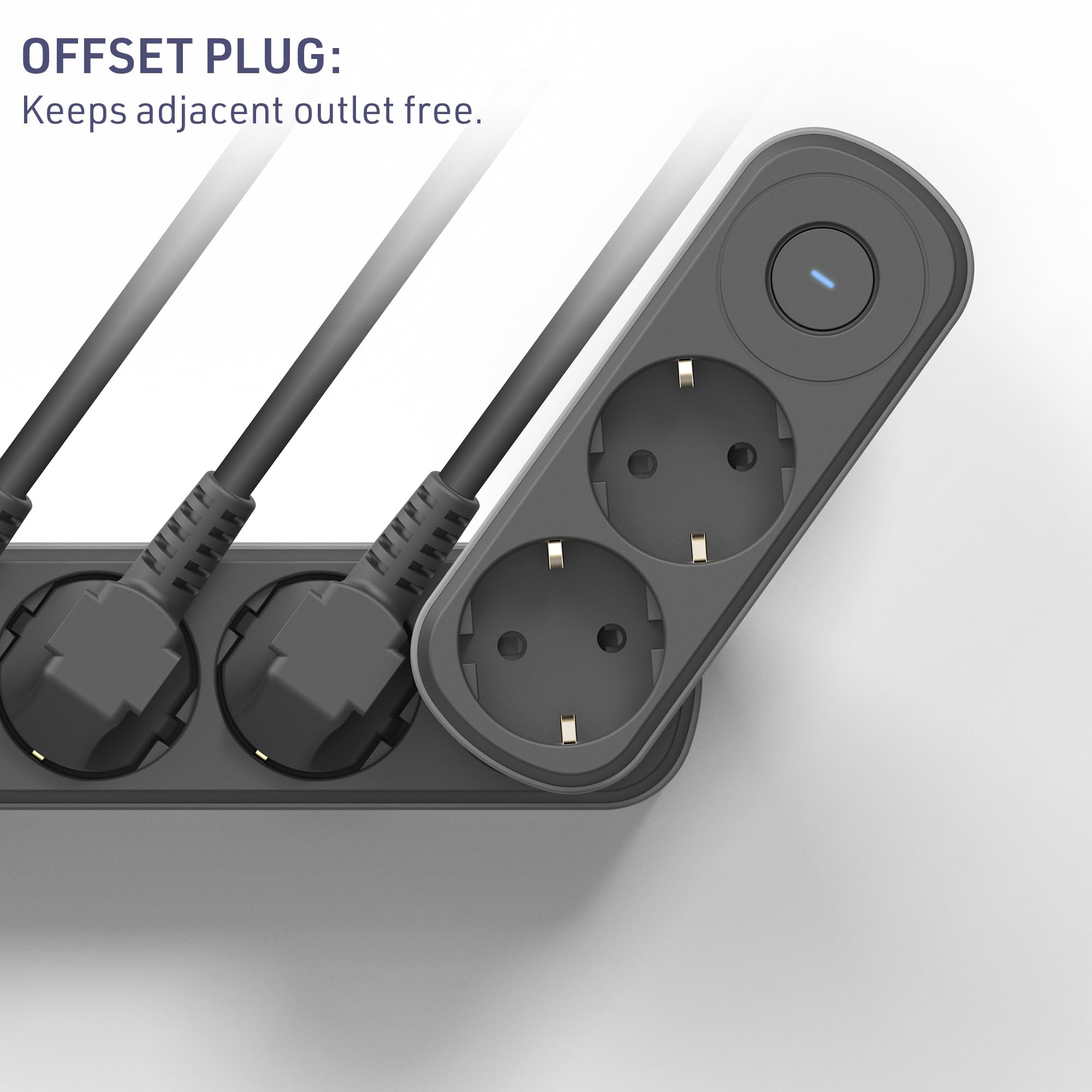 Electraline 55106 Prima podwójny adapter 2 gniazda wtykowe 16 A (2P+A) z uziemieniem przednim, z włącznikiem/wyłącznikiem, listwa zasilająca z 2 gniazdami z zestykiem ochronnym, czarny/szary