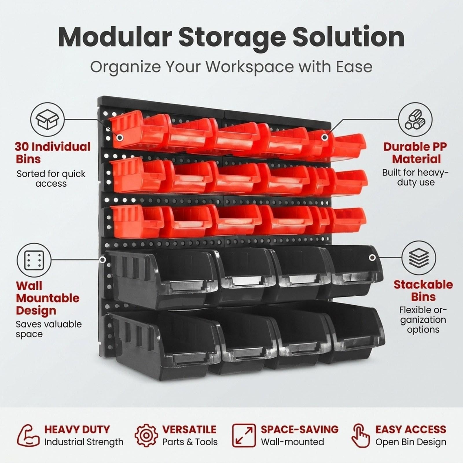 kowaku 30 Contenitori per Riporre Attrezzi con Pannello Forato, Facile Accesso Ai Componenti, Organizer per Utensili, Forniture per Ufficio, Garage, Rosso Nero
