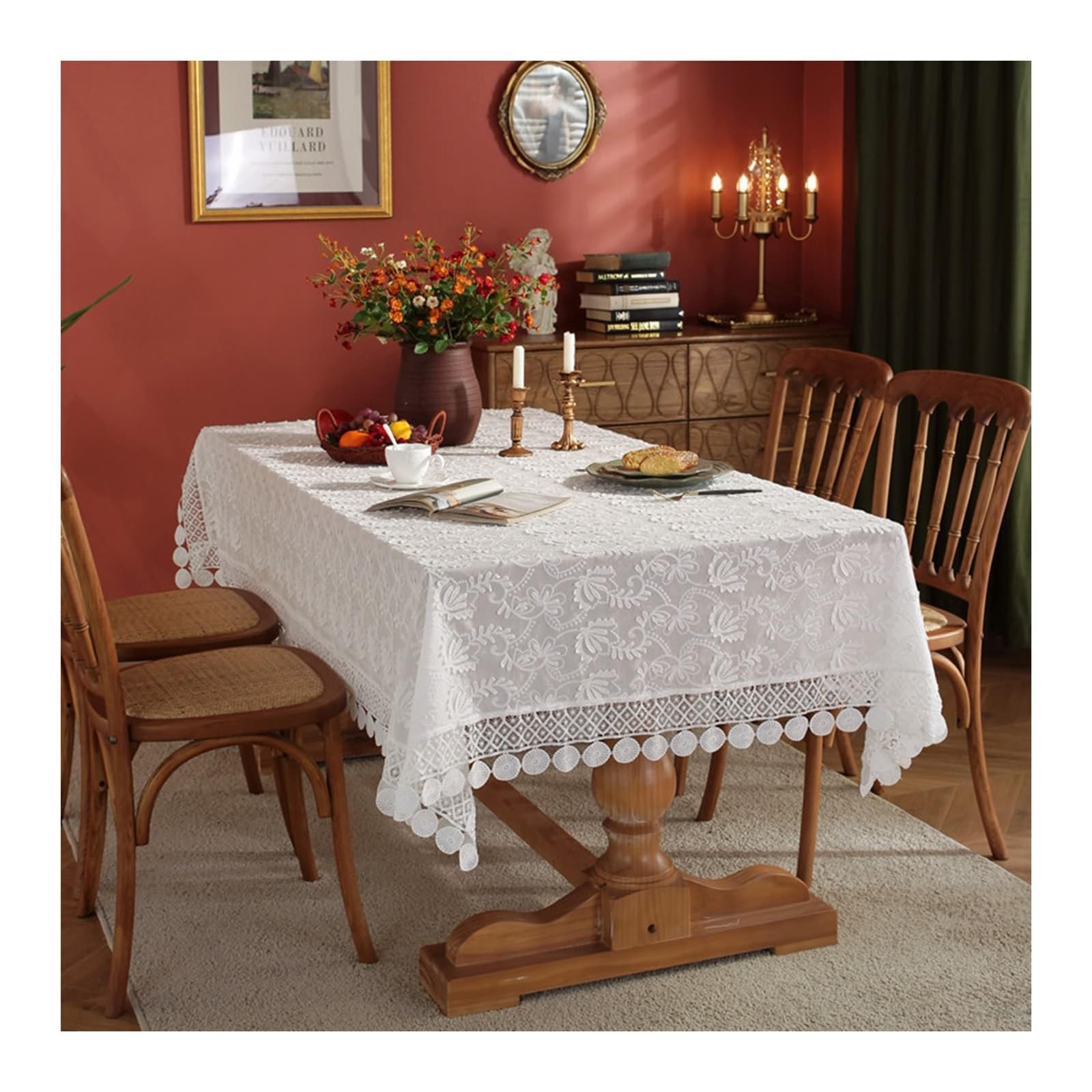 Daesar Mantel para Mesa de Centro Rectangular,Manteles Mesa Algodón Bordado de Flores con Encaje Manteles de Mesa Blanco,150x260CM(102x59Inch)