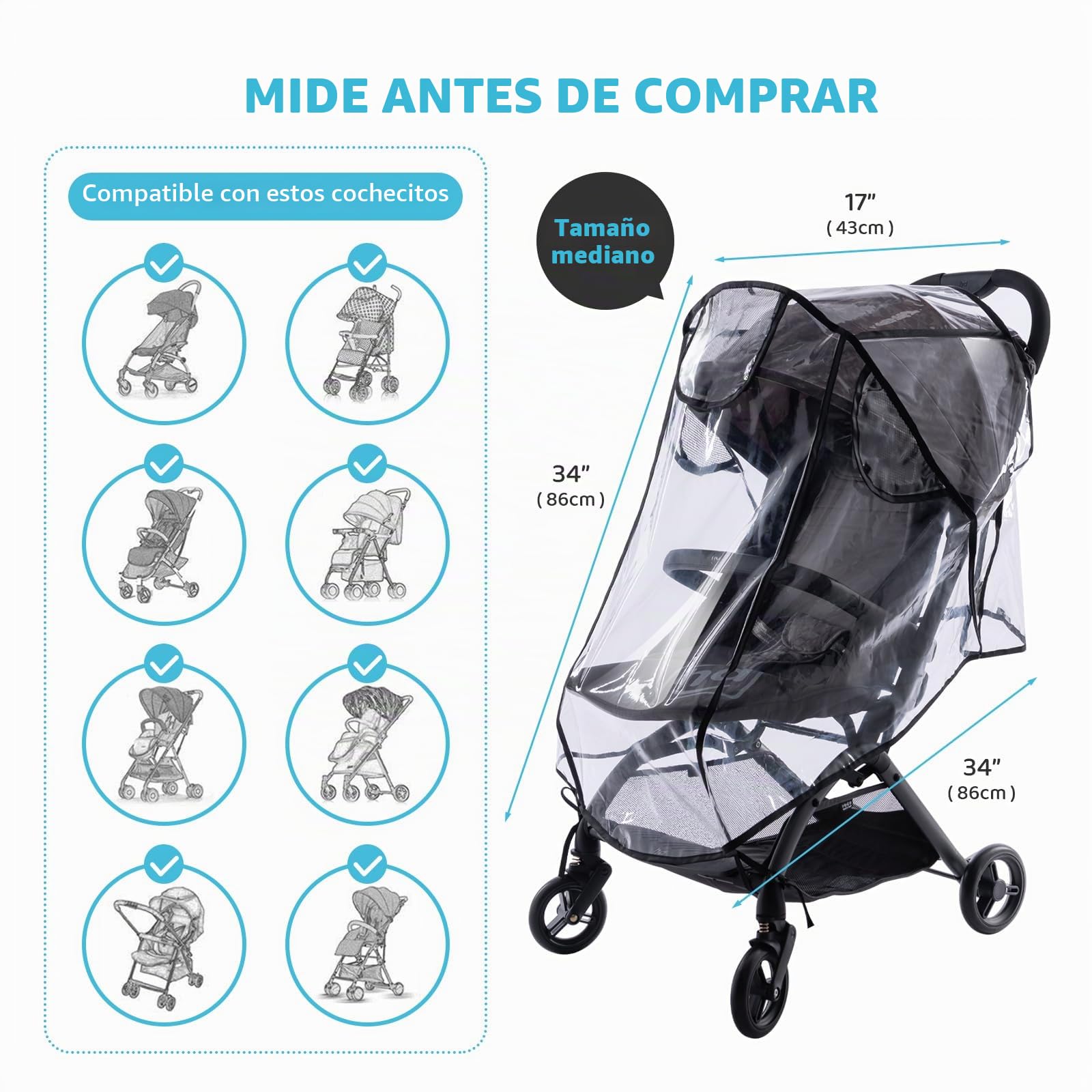 Protector de Lluvia para Silla de Paseo, con 3 Ventanas de Ventilación, Material EVA, Resistente al Viento y a la Nieve, Tamaño Mediano