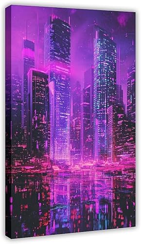 Cyberpunk Neon Cityscape Wall Art  Retro Futuristic Sci-Fi Poster Print Vintage Wall Decoration Famous Oil Paintings for Living Room Classic Artwork
