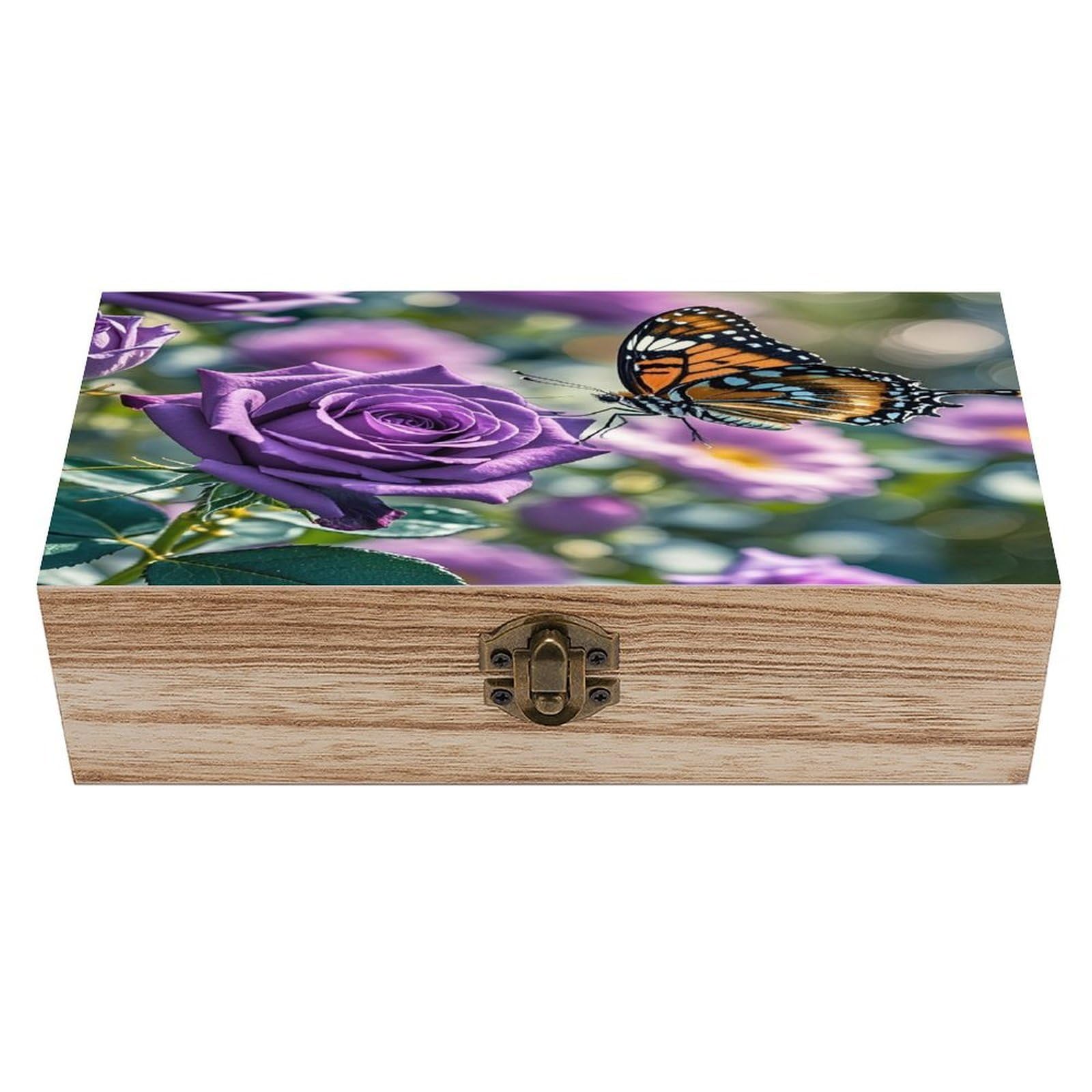 FekiLoot Purple Rose with Beautiful Butterfly Wooden Storage Box Exquisite Wood Keepsake Box Vintage Wooden Gift Jewelry Case for Crafts And Photo Storage Boxes
