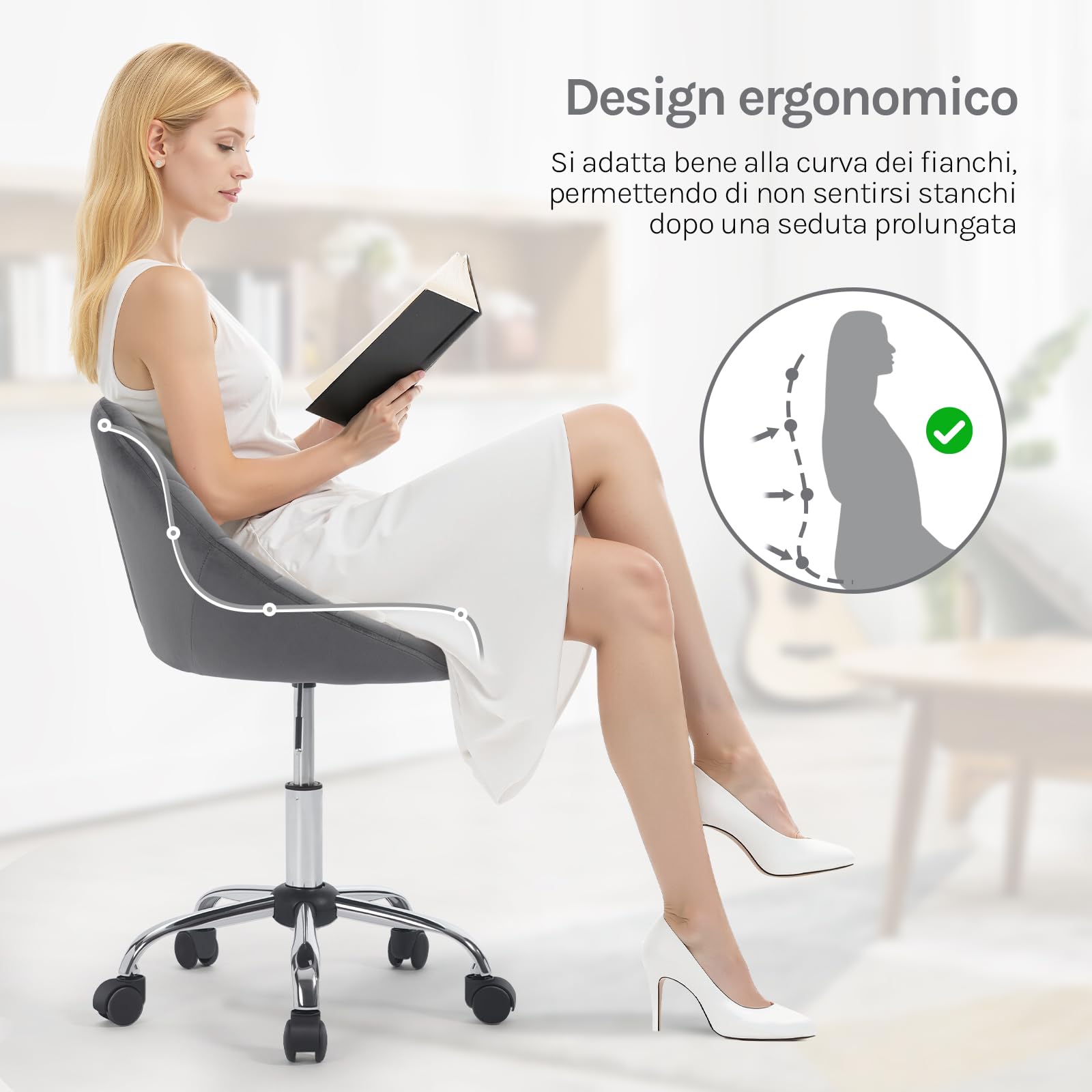 WOLTU Sedia da Scrivania per Casa, Sedia Trucco, Velluto, Grigio Scuro | Regolabile in Altezza con Rotelle, Girevole Ergonomica, Ufficio, Camera da Letto, Studio