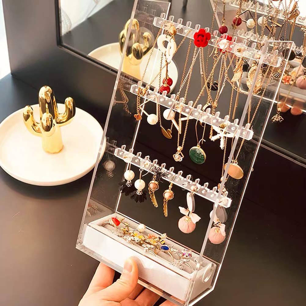 Caja de Almacenamiento de Joyas de acrílico, Expositor de Pendientes, Bandeja con cajón, para Anillos, Collares y Pulseras, a Prueba de Polvo.