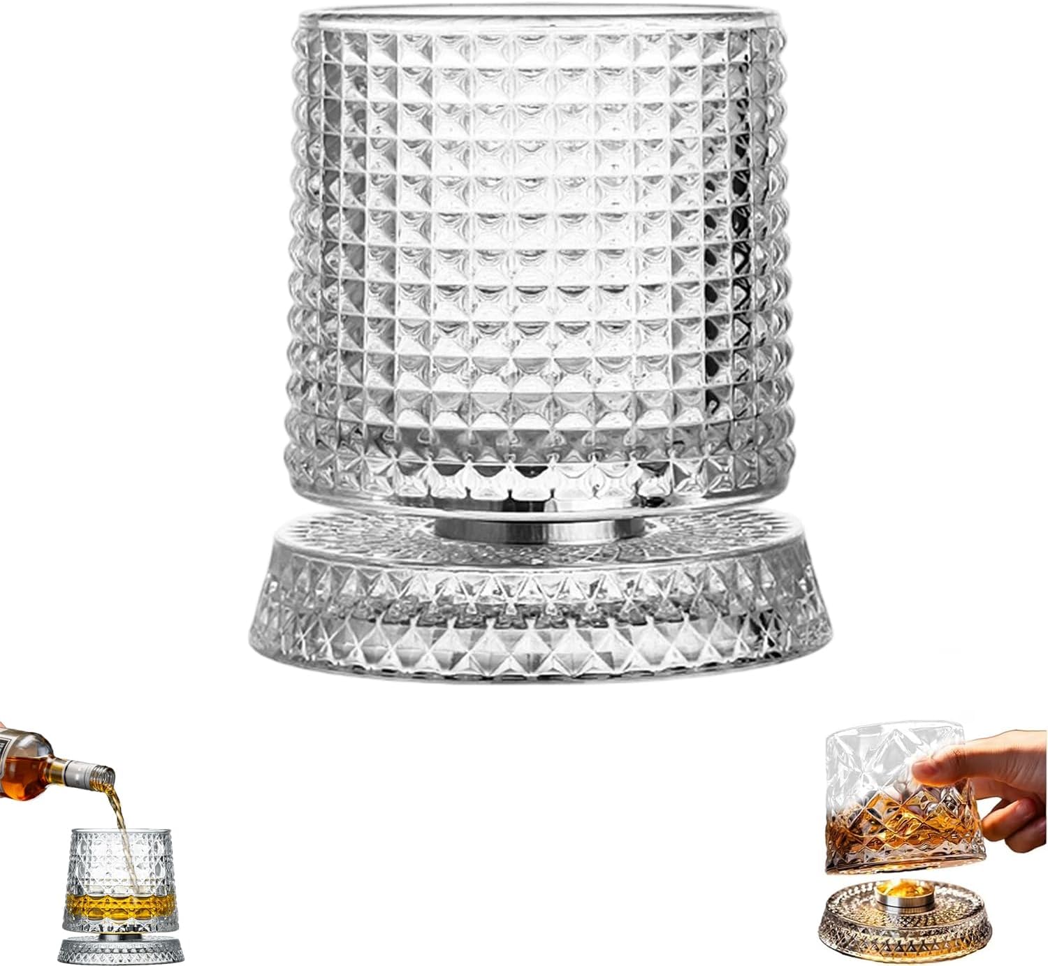 360° Spinning Crystal Whiskey Glass, Spinning Old Fashioned Tumblers with Stress-Relief Base, Luxury Gift for Scotch, Bourbon, Cocktail Lovers (Grid Pattern)