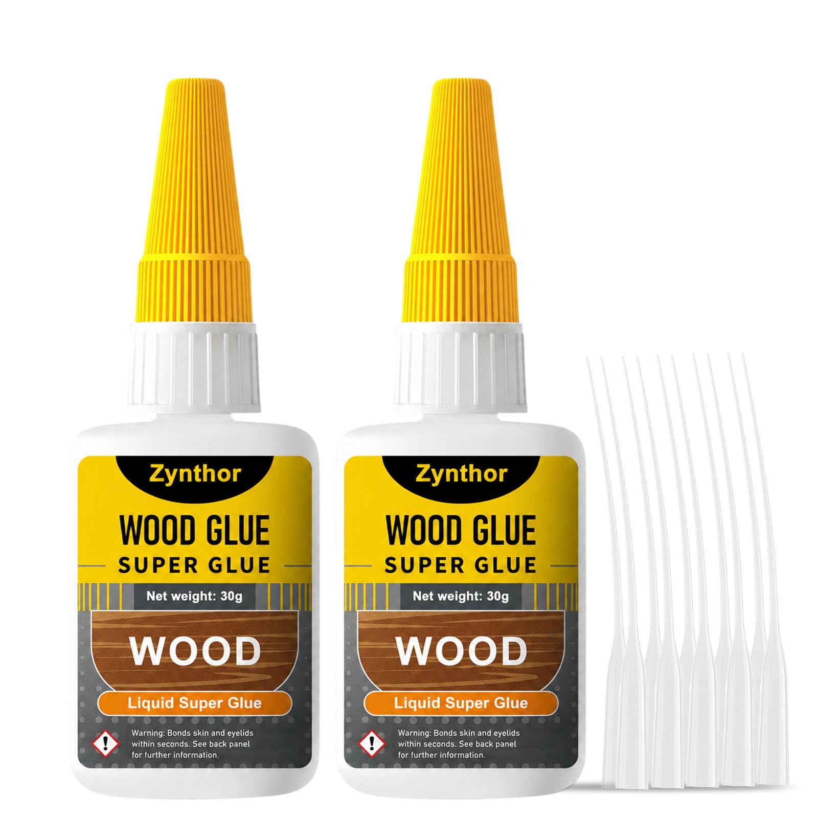 Zynthor Wood Glue 60g (2 x 30g), Extra Strong Super Glue for Wood with Anti-Clog Cap and 10 Precision Tips, Clear Waterproof Adhesive for Woodworking, Furniture Repair and Model Making
