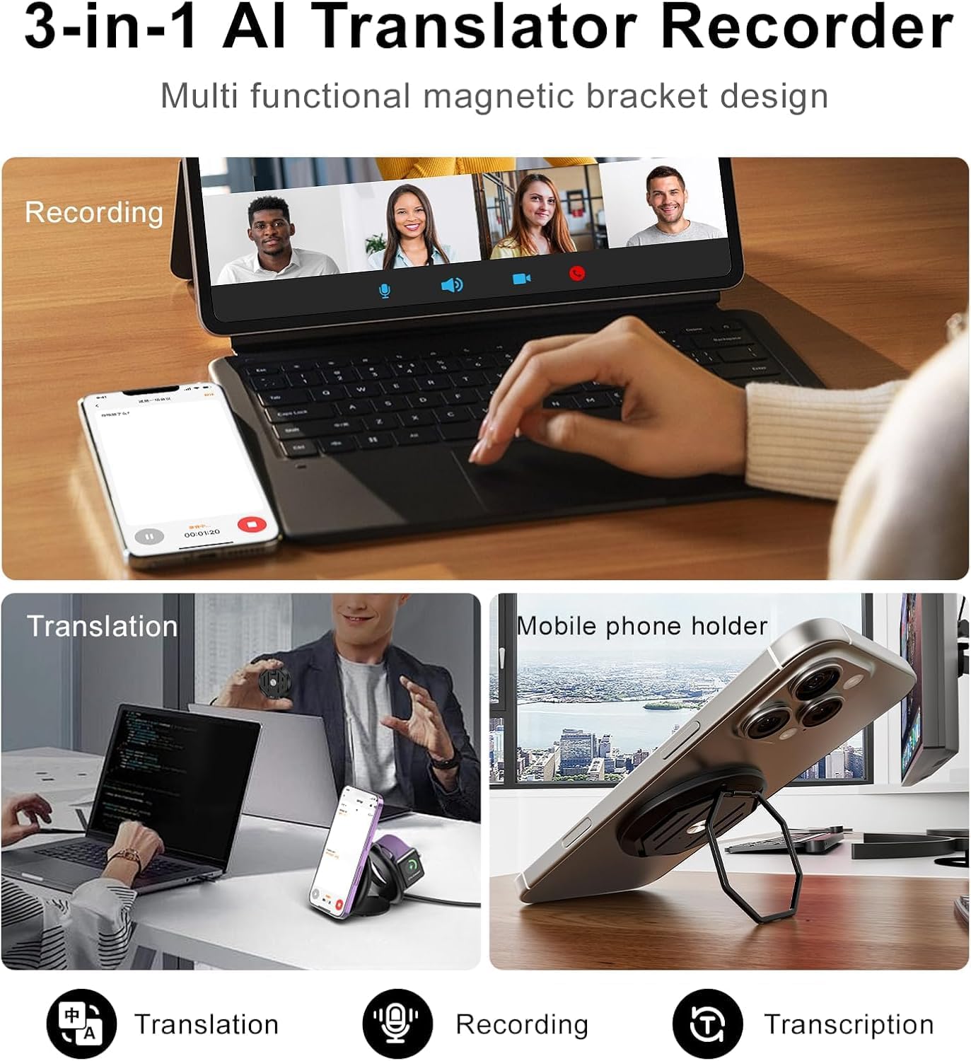 AI Voice Recorder with Real-Time Transcription, 64GB Digital Voice Recorder for Meetings, 120 Languages Translation, Portable Magnetic Recorder with Long Battery Life for Lectures Interviews Business
