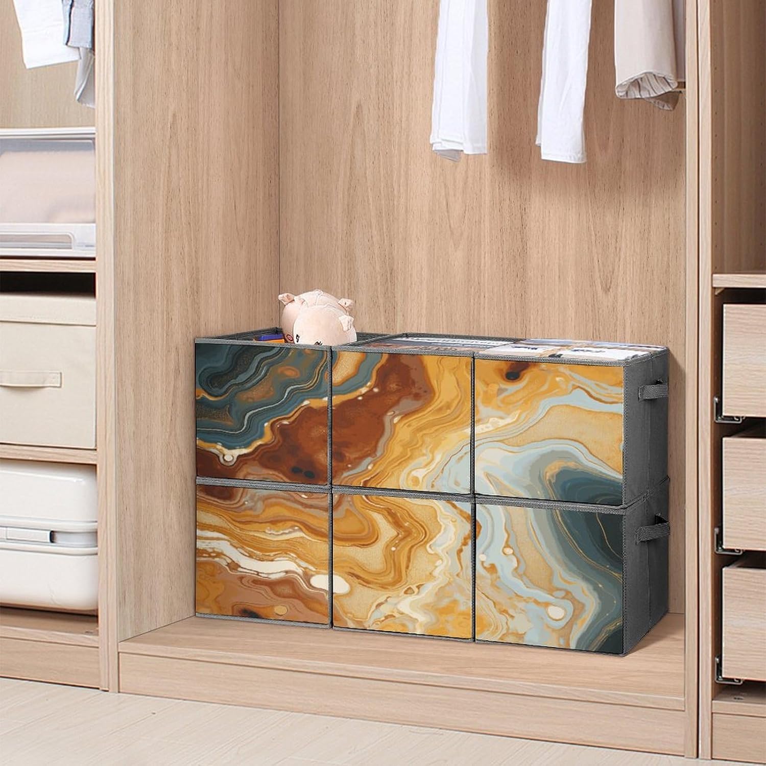 Marble Modern Art Storage Cubes Set of 6 Storage Bins with Handles Collapsible Storage Basket Fabric Storage Box for Shelves Large Closet Shelf Organizer for Organization 11 Inch