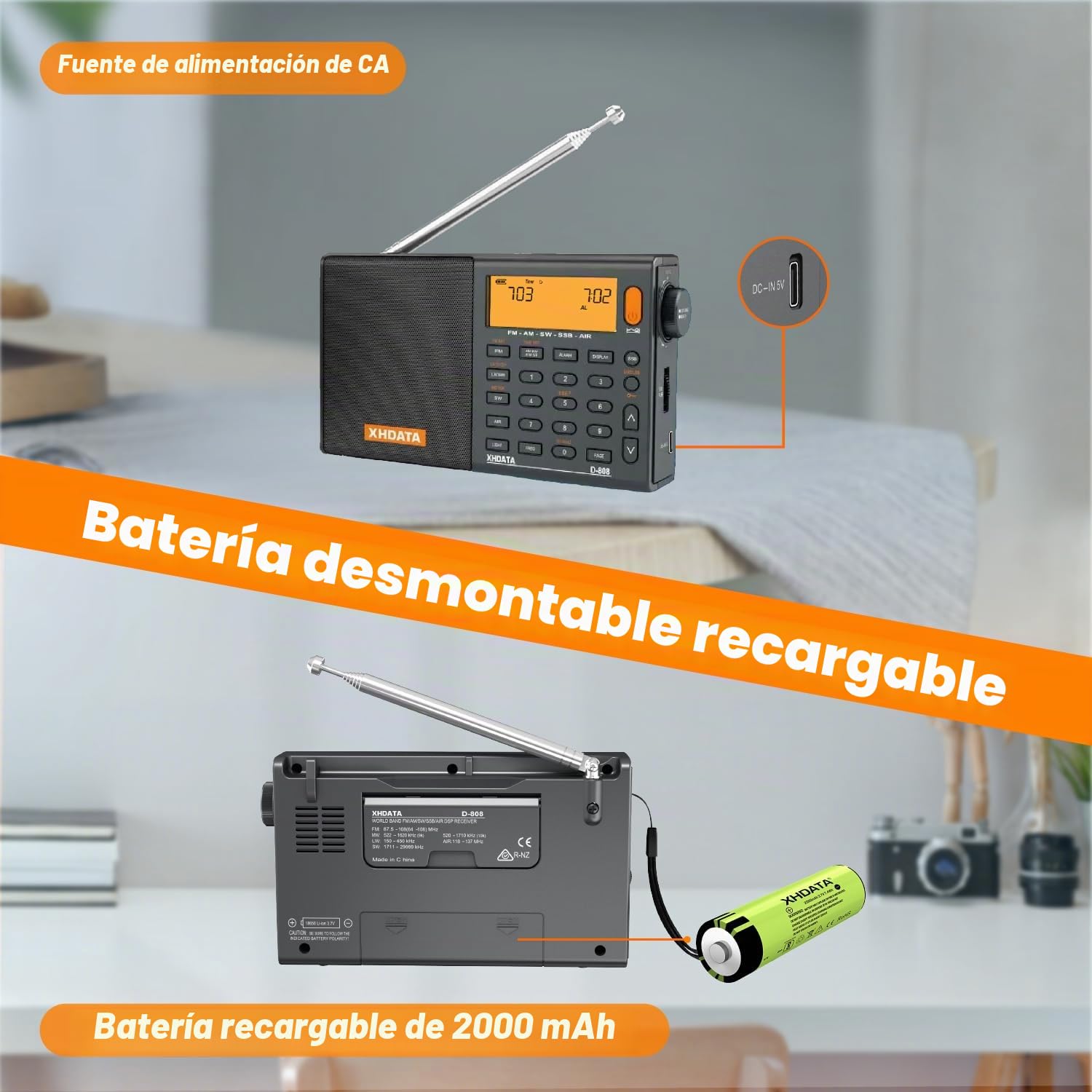XHDATA D-808 Radio Digital Portátil FM estéreo/SW/MW/LW SSB RDS Banda Aérea Altavoz de Radio con Pantalla LCD Reloj de Alarma Antena Externa y Batería Recargable(Gris)