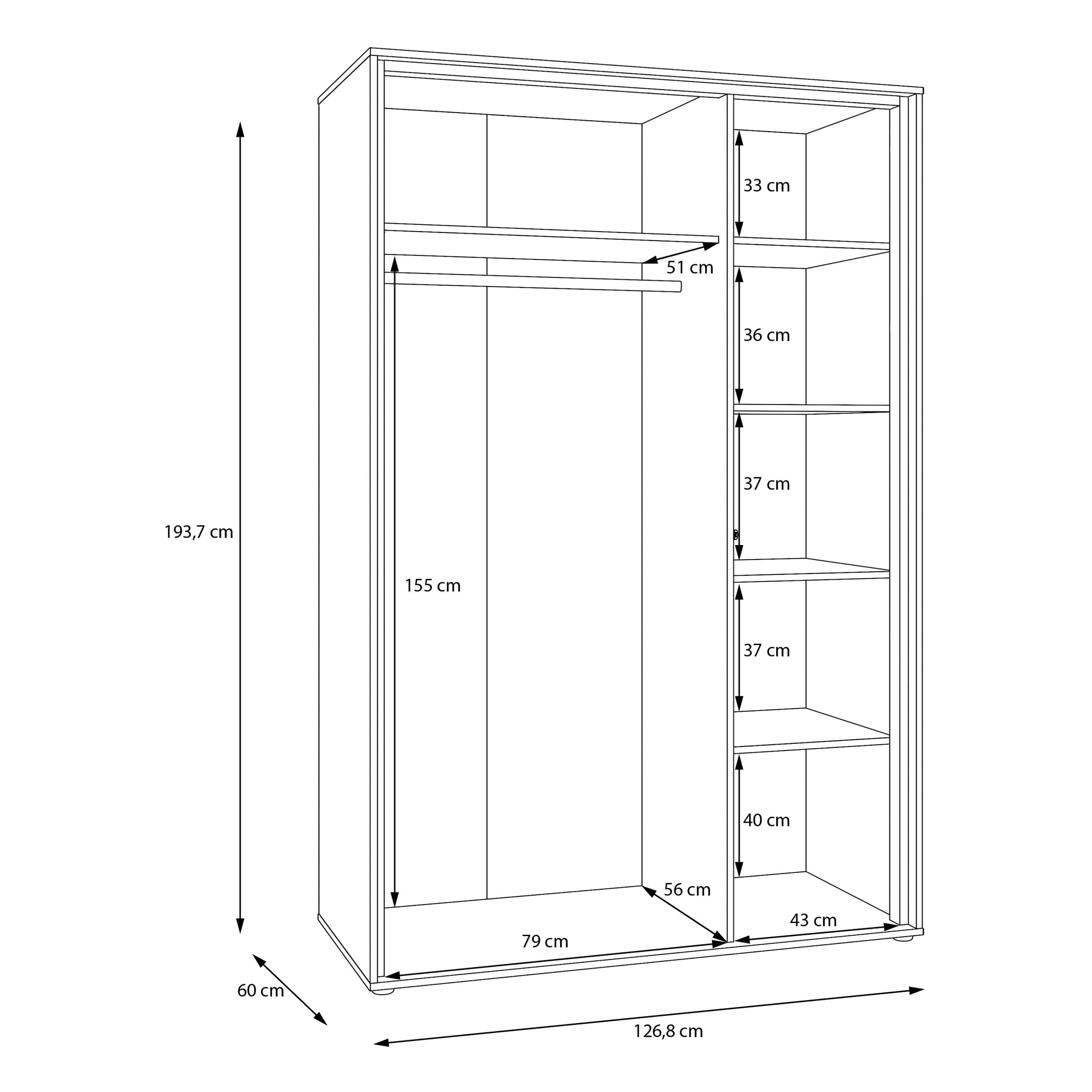Forte WEXLIN Kleiderschrank 120 130, moderner Kleiderschrank, 2 Drehtüren, Kinder- und Jugendzimmer, Holzwerkstoff, Kaschmir|Beige|Mauvella Eiche Holzdekor, 126,3 cm breit x 193,7 cm hoch x 60 cm tief