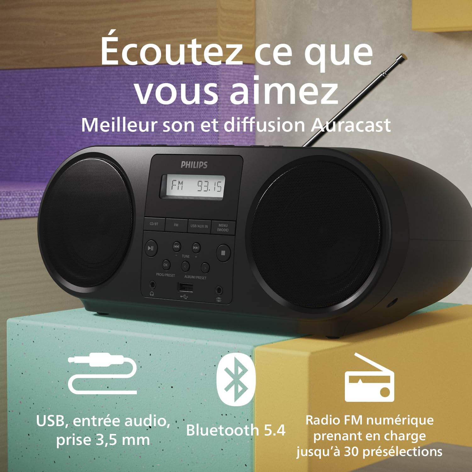 Philips TAZ5000 Lecteur CD Radio FM Bluetooth 5.4 USB Batterie Alimentation CA Amplification Dynamique des Basses Prise Casque 3,5 mm