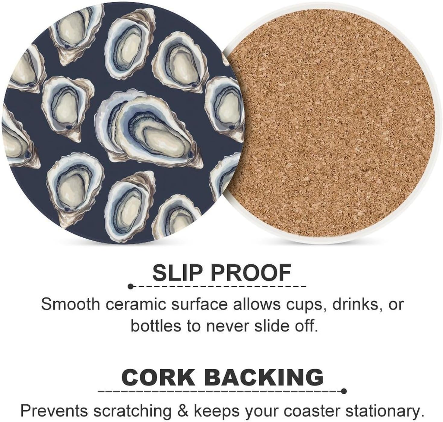 Oysters Round Ceramic Coasters for Drinks Absorbent Cup Holder Tabletop Protector with Cork Base