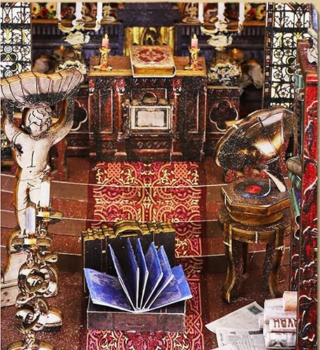 Miniatura 76 de Rompecabezas de madera 3D con caja de música de luz sensor, kit de montaje de rincón de libros en miniatura, kit de montaje de rincón de libros