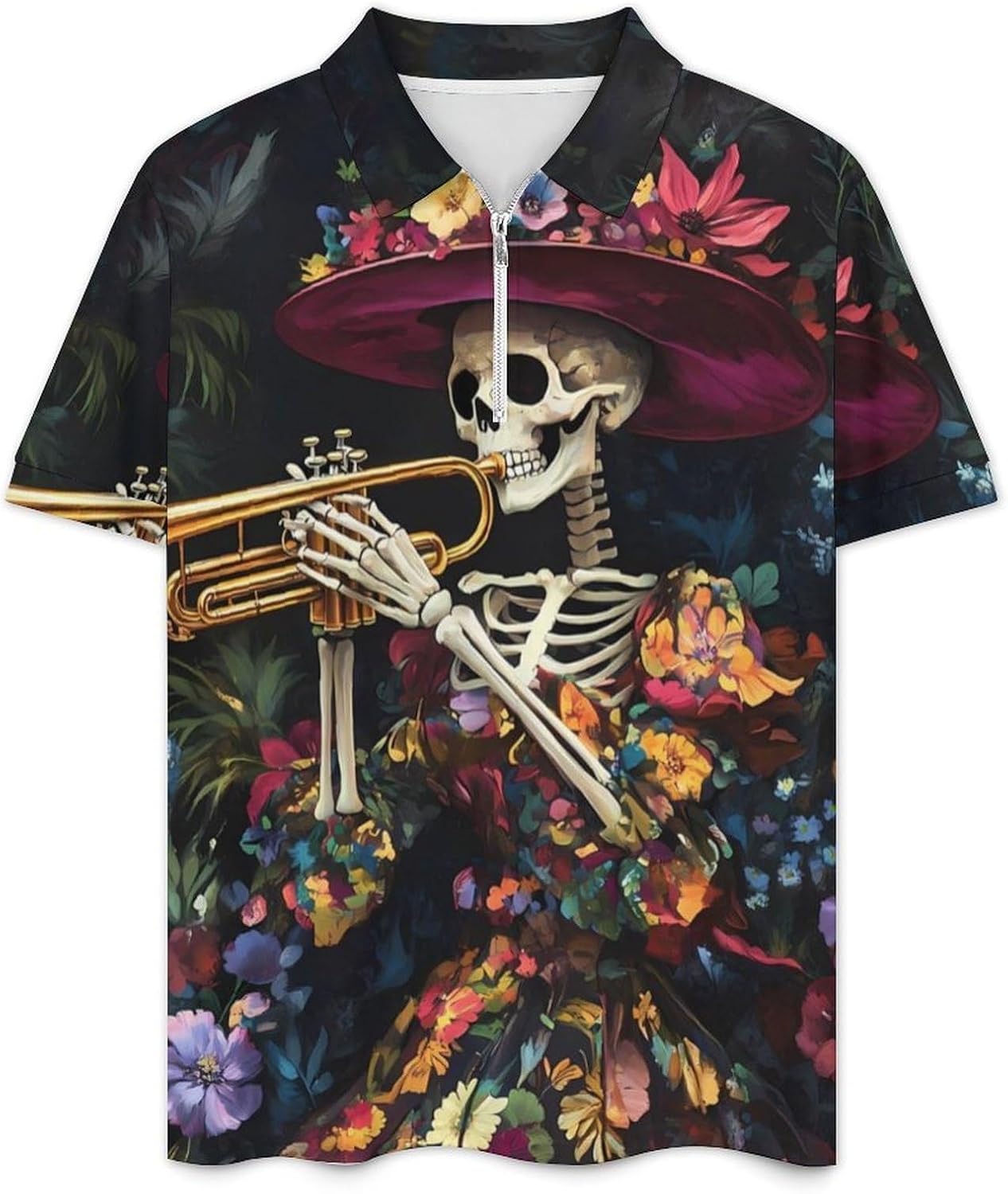 Halloween Gothic Skull Plays Trumpet Mens Polo Shirts Track Suits 2 Piece Short Sleeve Sweatsuit 1/4 Zip Golf Loungewear for Sports