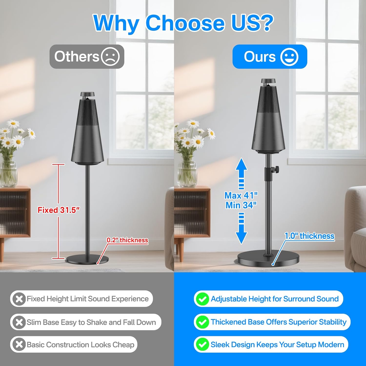 Height Adjustable Speaker Stand for Bang & Olufsen Beosound 2 Speaker Stand with Cable Management - Heavy-Duty Speaker Floor Stand for Beosound 2 1st, 2nd, 3rd Generation Speakers