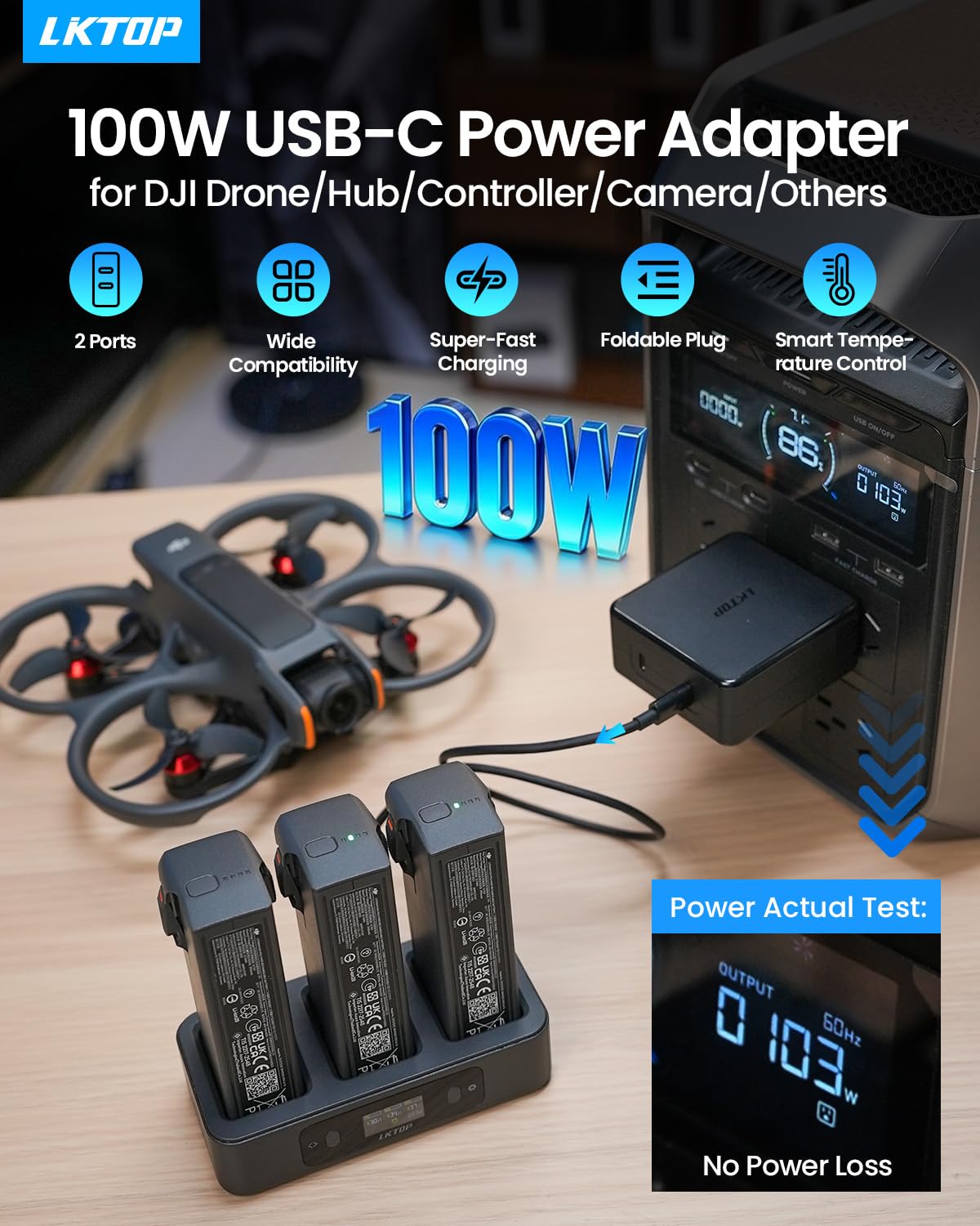 LKTOP Kit de cargador de batería específico para drones, carga súper rápida, adaptador de corriente USB-C de 100 W + cargador de coche de 130 W, compatibilidad: DJI Mavic 4 Pro/Mavic 3/Air 3/Mini