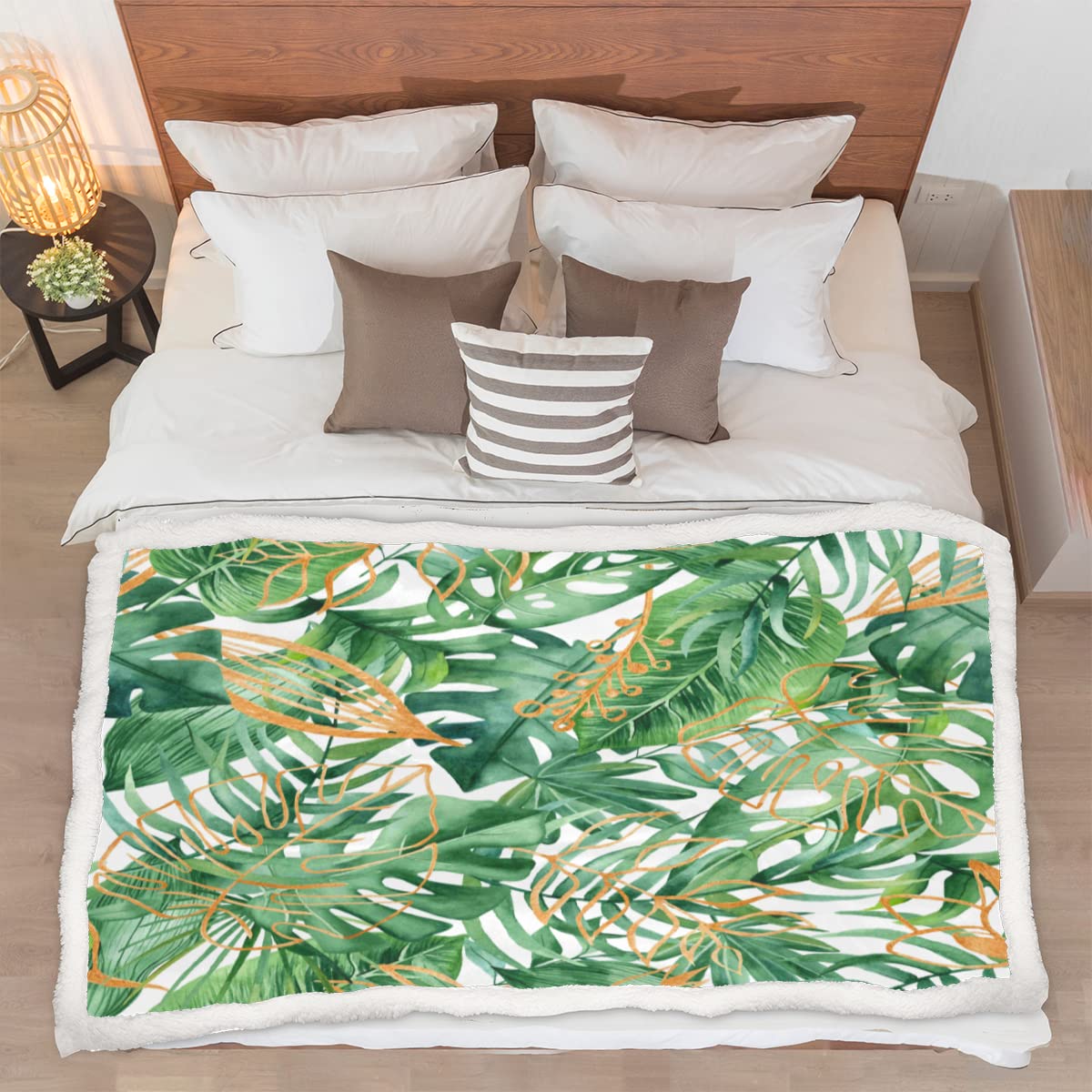 Manta tropical de hojas de palma para sofá, invierno, manta suave, patrón de verano, cálida lana de cordero para niños, mujeres y hombres