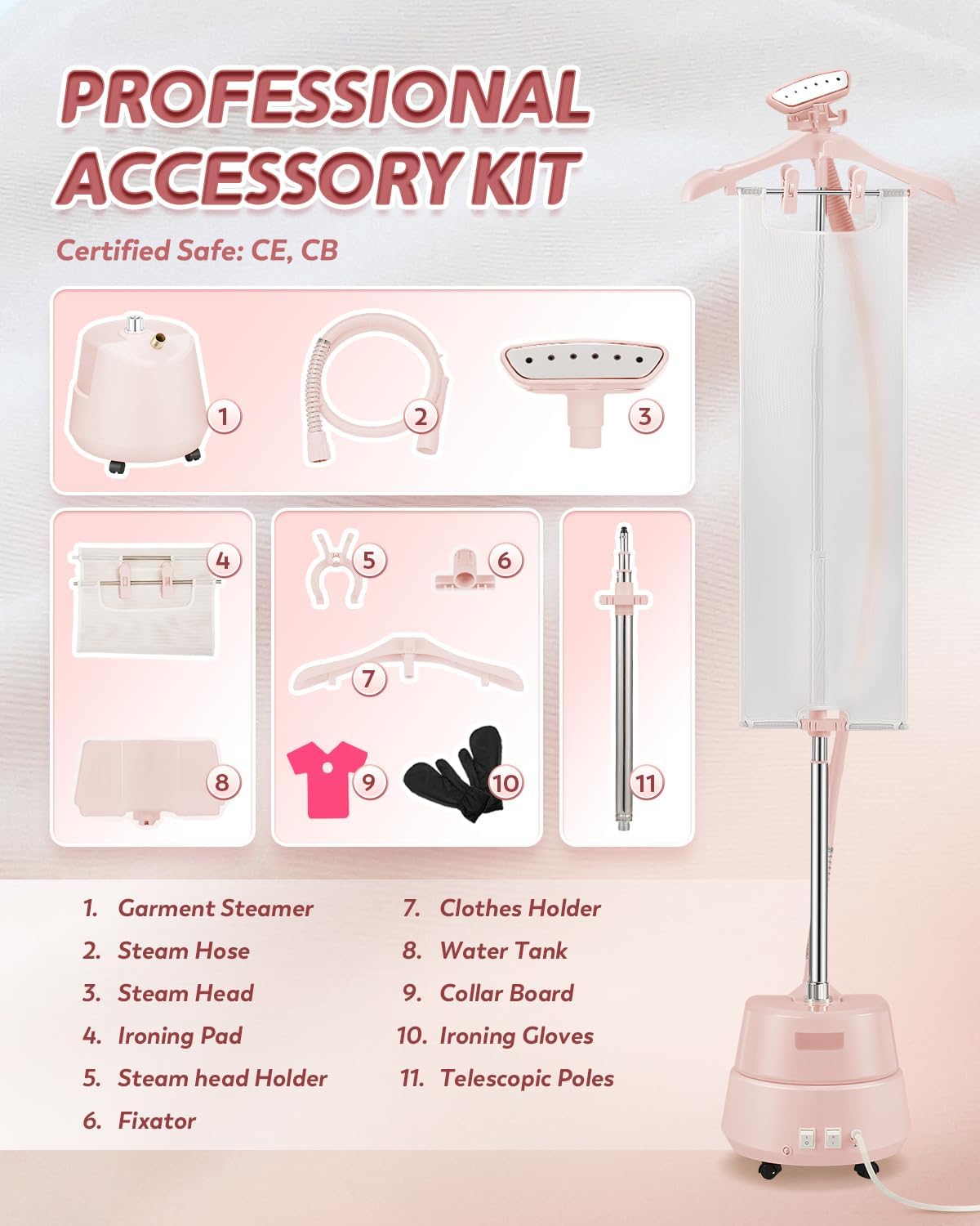 Standing Garment Steamer with Ironing Pad, 2200W Steamer for Clothes, 3L Tank, 70-Min Continuous Steam, 40s Fast Heating, Adjustable Height, Drain Port Design, Universal Wheels, Pink