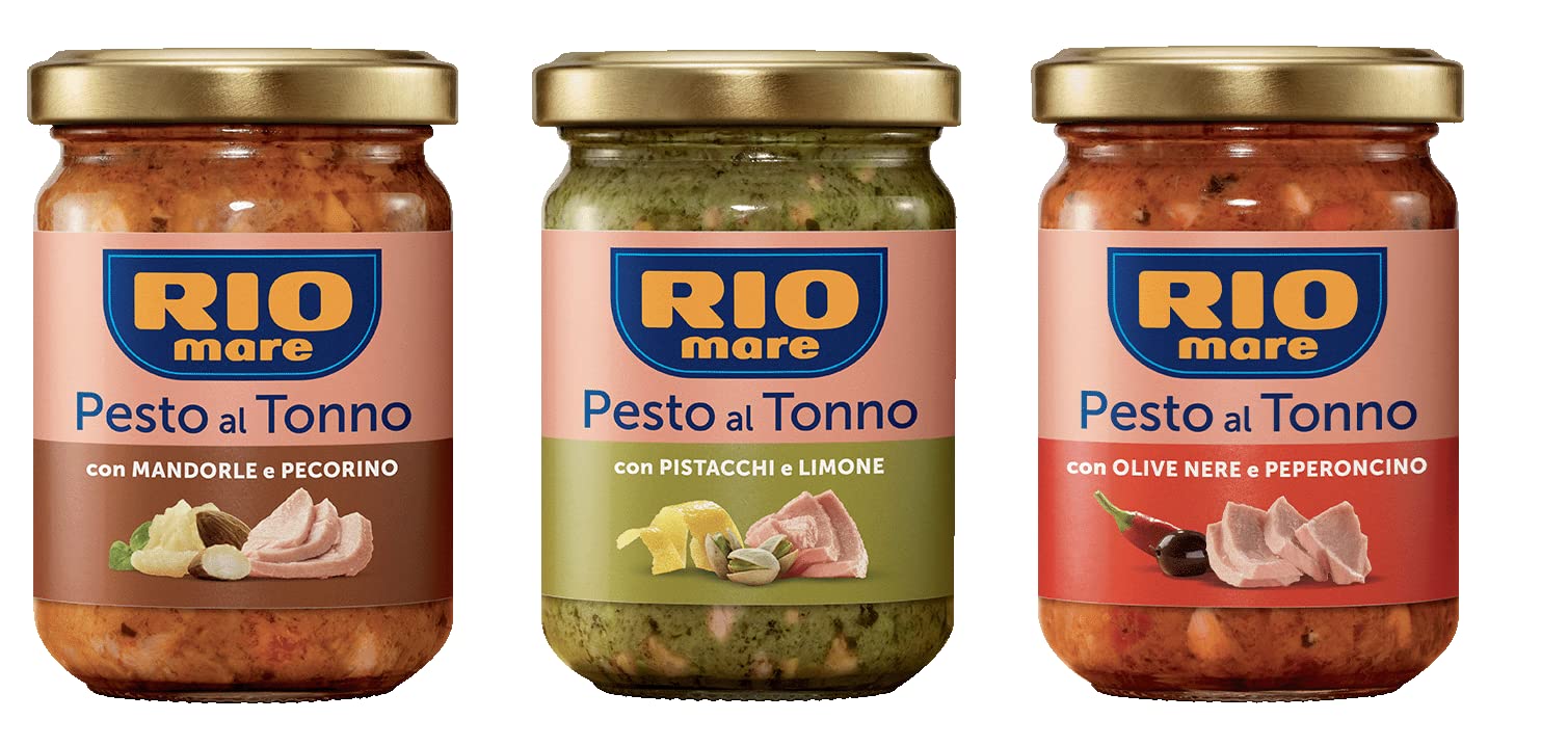 Rio Mare Pesto al Tonno Pesto de thon avec amandes et pecorino – avec pistaches et citron – avec olives noires et piment (3 x 130 g)