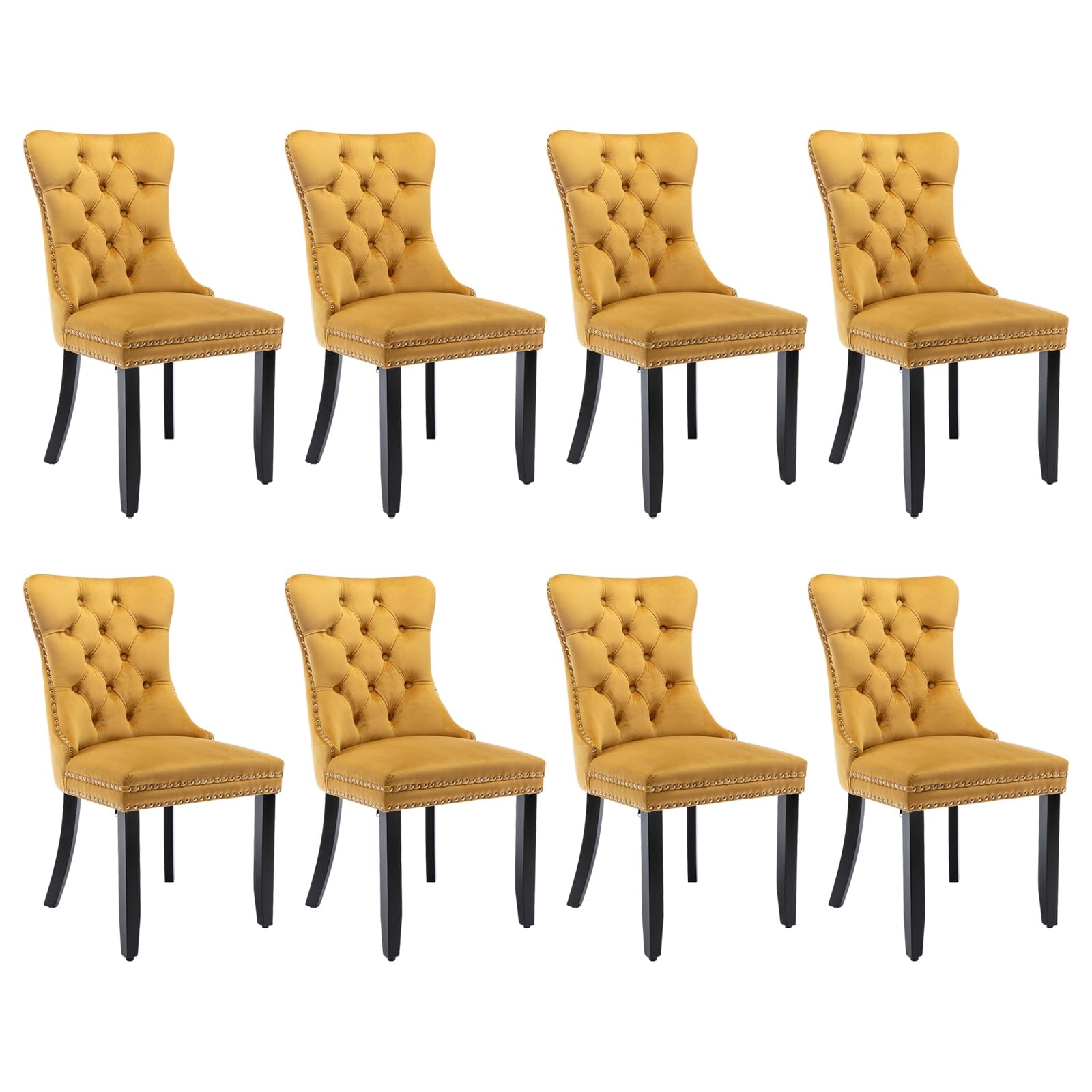 SoarFlash Velvet Dining Chair Set of 8, Upholstered Tufted Dining Room Chair with Nailhead Trim and Solid Wood Leg for Kitchen (Gold)