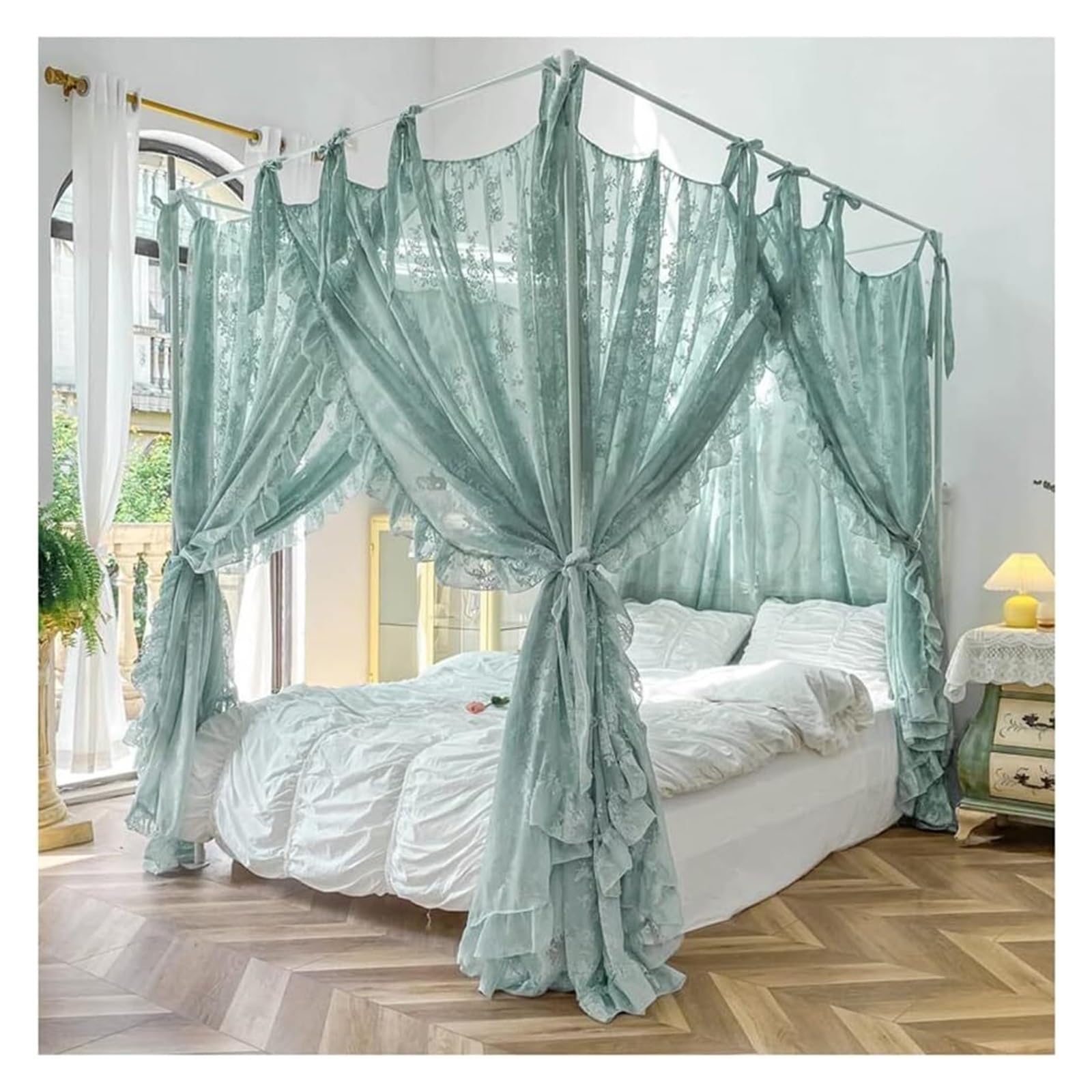 LGTDF35 DETPWVWB Romantic Lace Bed Canopy Mosquito Net for Princess Room - 4 Corner Post Bed Curtains with Metal Brackets(Pink,180X220cm/71X87in)(Green,200X220cm/79X87in)