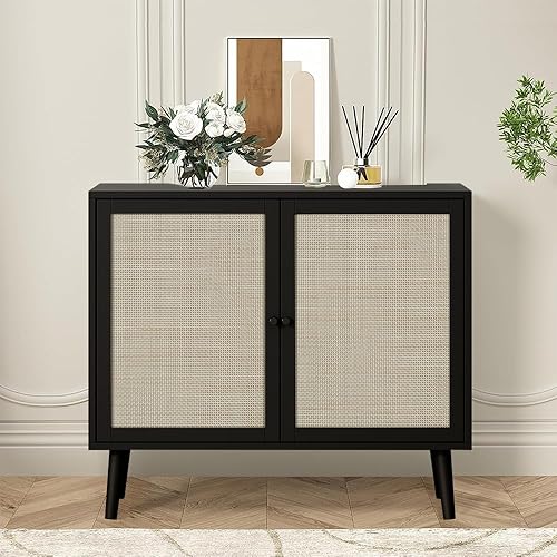 affeivul Gabinete de almacenamiento de zapatos de ratán, aparador de ratán natural y buffet con almacenamiento, gabinete de almacenamiento de ratán