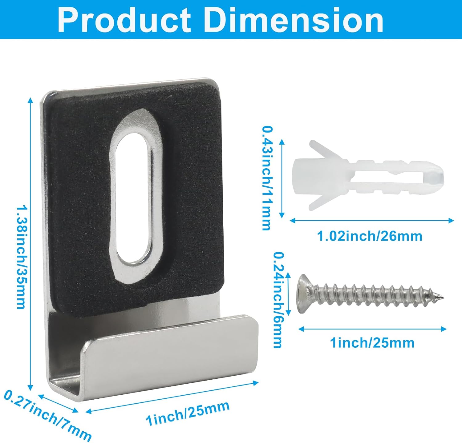 BokWin 6 Pack 1/4 Inch Mirror Clips, Heavy Duty Metal Mirror Mounting Hardware Kit with Anti-Slip Rubber Pads, J Type Hanger Clips for Frameless Wall Mirror Tile Billboard Display (Silver)