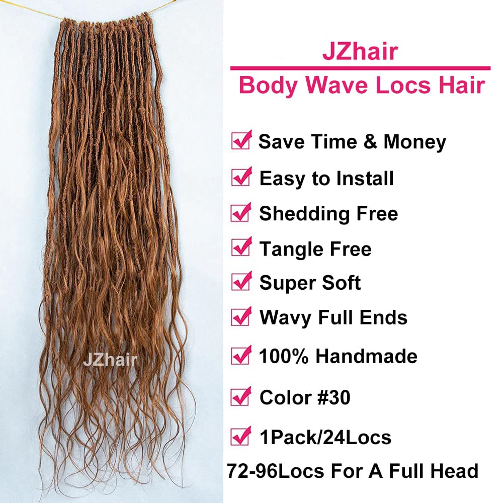 #30 Color Crochet Bohemian Locks With Body Wave Virgin Human Hair Curls Pre-Looped Goddess Dreadlocks Wavy Full Ends Hair Extensions For Women Color 30 1Pack/24Locks 18 Inch