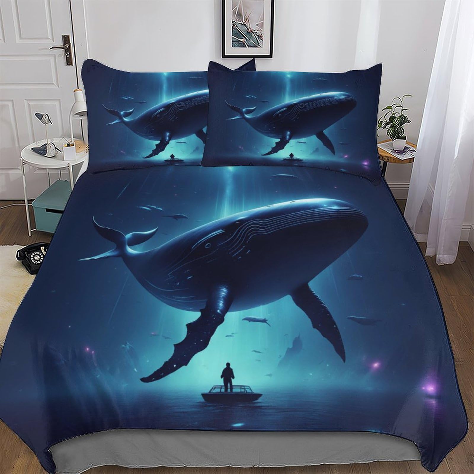 Housse de couette baleine 220x240 cm en microfibre avec 2 taies d'oreiller pour lit King