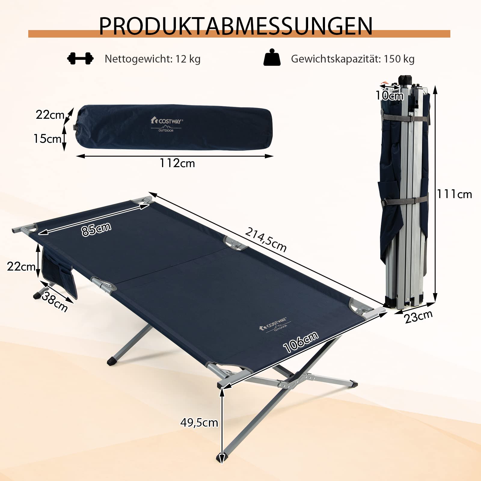 COSTWAY Łóżko polowe XXL, 214,5 x 106 cm, łóżko kempingowe z kieszenią boczną, przenośny leżak kempingowy o obciążeniu do 150 kg, w zestawie torba do noszenia, składane łóżko na kemping, plażę