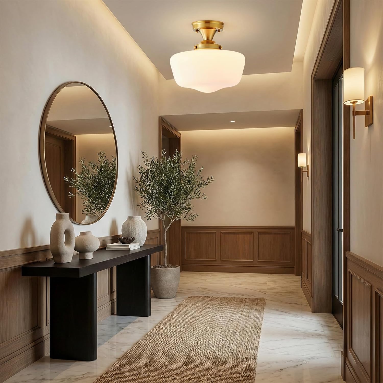 12'' Schoolhouse Ceiling Light Fixture, Gold Semi Flush Mount Ceiling Light, Opal Milk Glass Shade for Bedroom Kitchen Hallway Entryway