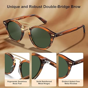 CARFIA Retro Round Polarized Sunglasses Mens Womens Double-Bridge CA3399L
