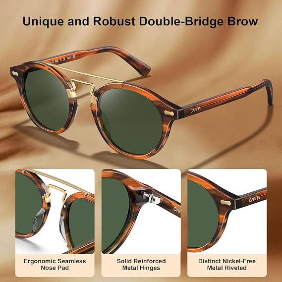 CARFIA Retro Round Polarized Sunglasses Mens Womens Double-Bridge CA3399L