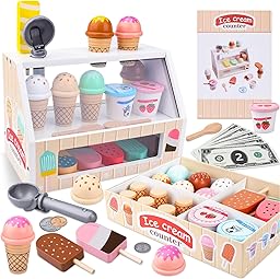 Gelateria Giocattolo per Bambini,Giocattolo per Gelato in Legno,Montessori Gioco di Ruolo Educativo Regalo per Bambini,Gelateria Giocattoli in Legno per Bambini da 3 4 5 6 Anni Ragazzi Ragazze