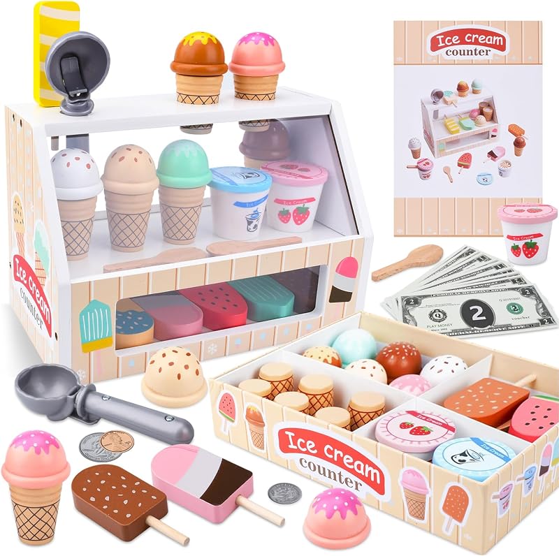 Gelateria Giocattolo per Bambini,Giocattolo per Gelato in Legno,Montessori Gioco di Ruolo Educativo Regalo per Bambini,Gelateria Giocattoli in Legno per Bambini da 3 4 5 6 Anni Ragazzi Ragazze